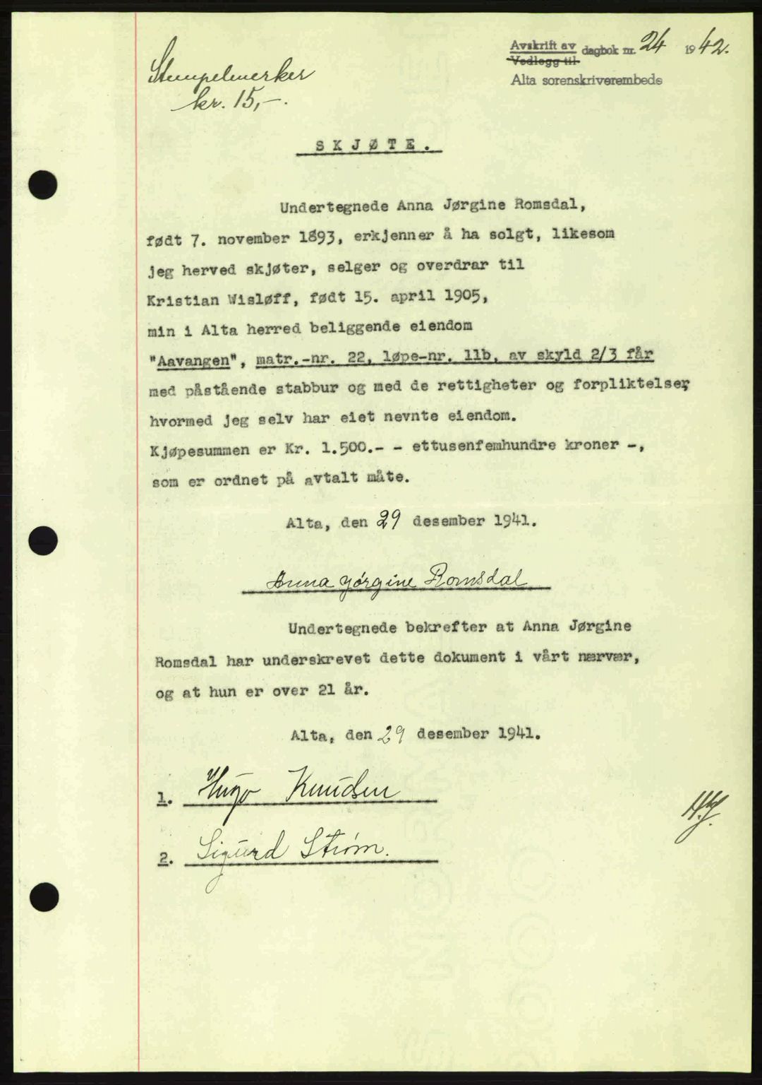 Alta fogderi/sorenskriveri, SATØ/SATØ-5/1/K/Kd/L0033pantebok: Mortgage book no. 33, 1940-1943, Diary no: : 24/1942