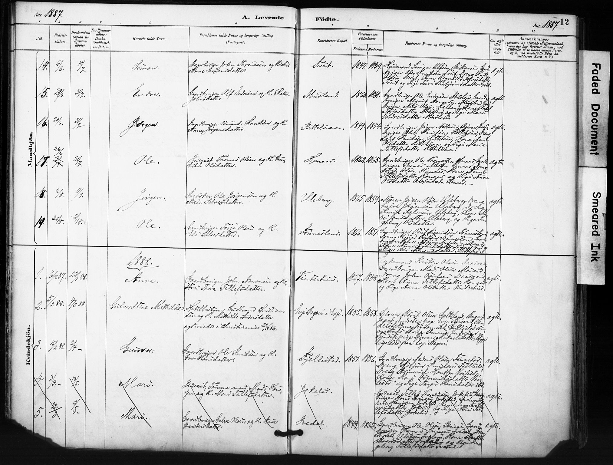 Evje sokneprestkontor, AV/SAK-1111-0008/F/Fa/Fab/L0003: Parish register (official) no. A 3, 1884-1909, p. 12