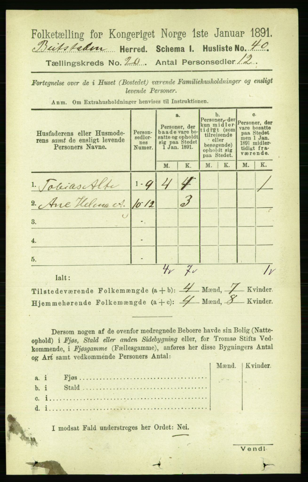 RA, 1891 census for 1727 Beitstad, 1891, p. 5104