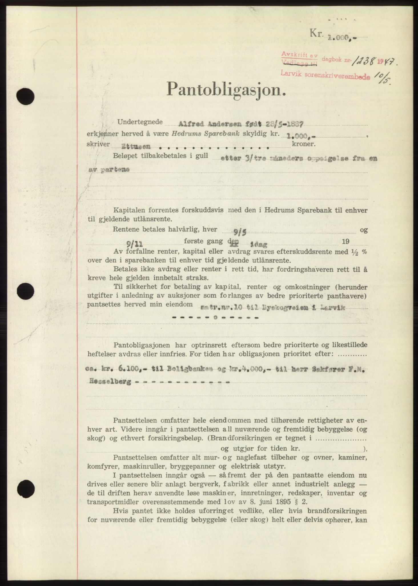 Larvik sorenskriveri, AV/SAKO-A-83/G/Ga/Gac/L0012: Mortgage book no. B-12, 1947-1947, Diary no: : 1238/1947