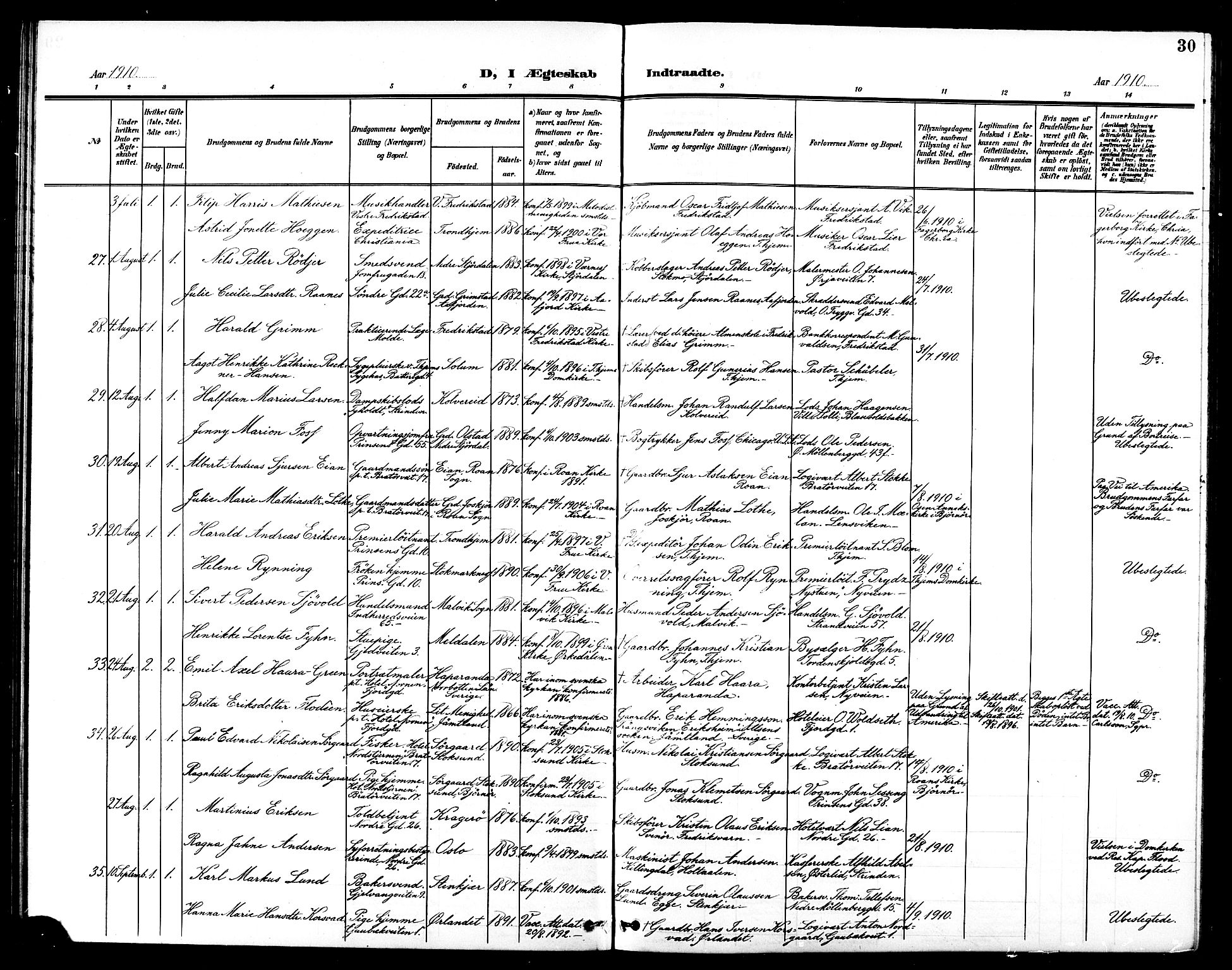 Ministerialprotokoller, klokkerbøker og fødselsregistre - Sør-Trøndelag, SAT/A-1456/602/L0145: Parish register (copy) no. 602C13, 1902-1919, p. 30
