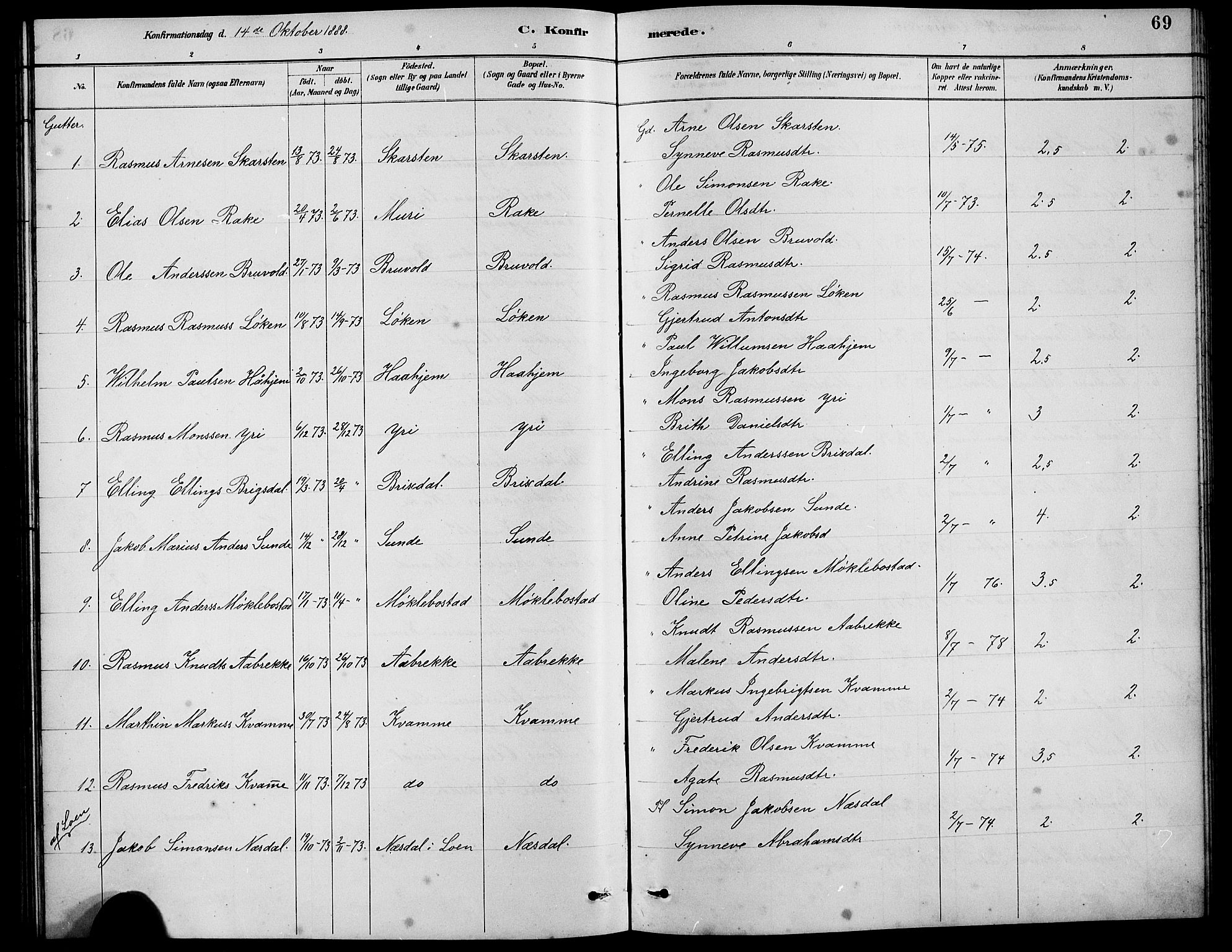 Innvik sokneprestembete, AV/SAB-A-80501: Parish register (copy) no. B 3, 1886-1897, p. 69
