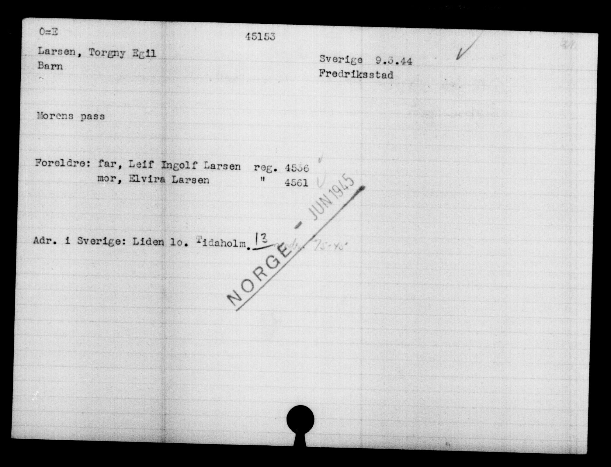 Utenriksstasjonene, Legasjonen i Stockholm, Flyktningkontoret, AV/RA-S-6753/V/Va/L0017: Kjesäterkartoteket, flyktninger med registreringsnr. 43400-46318, 1940-1945, p. 1832