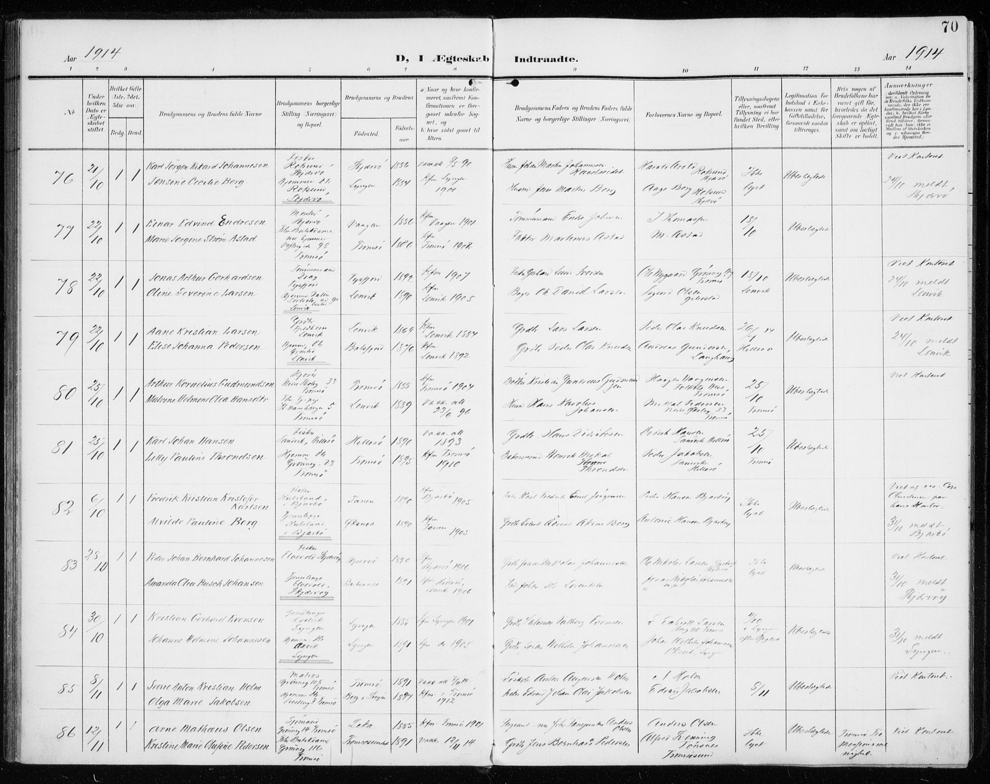 Tromsø sokneprestkontor/stiftsprosti/domprosti, SATØ/S-1343/G/Ga/L0018kirke: Parish register (official) no. 18, 1907-1917, p. 70