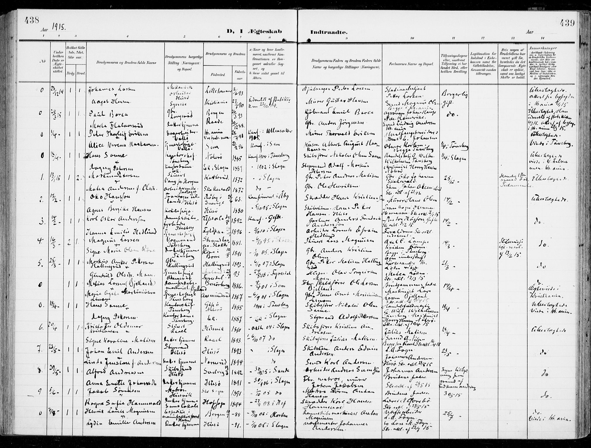 Sem kirkebøker, SAKO/A-5/F/Fb/L0006: Parish register (official) no. II 6, 1905-1918, p. 438-439