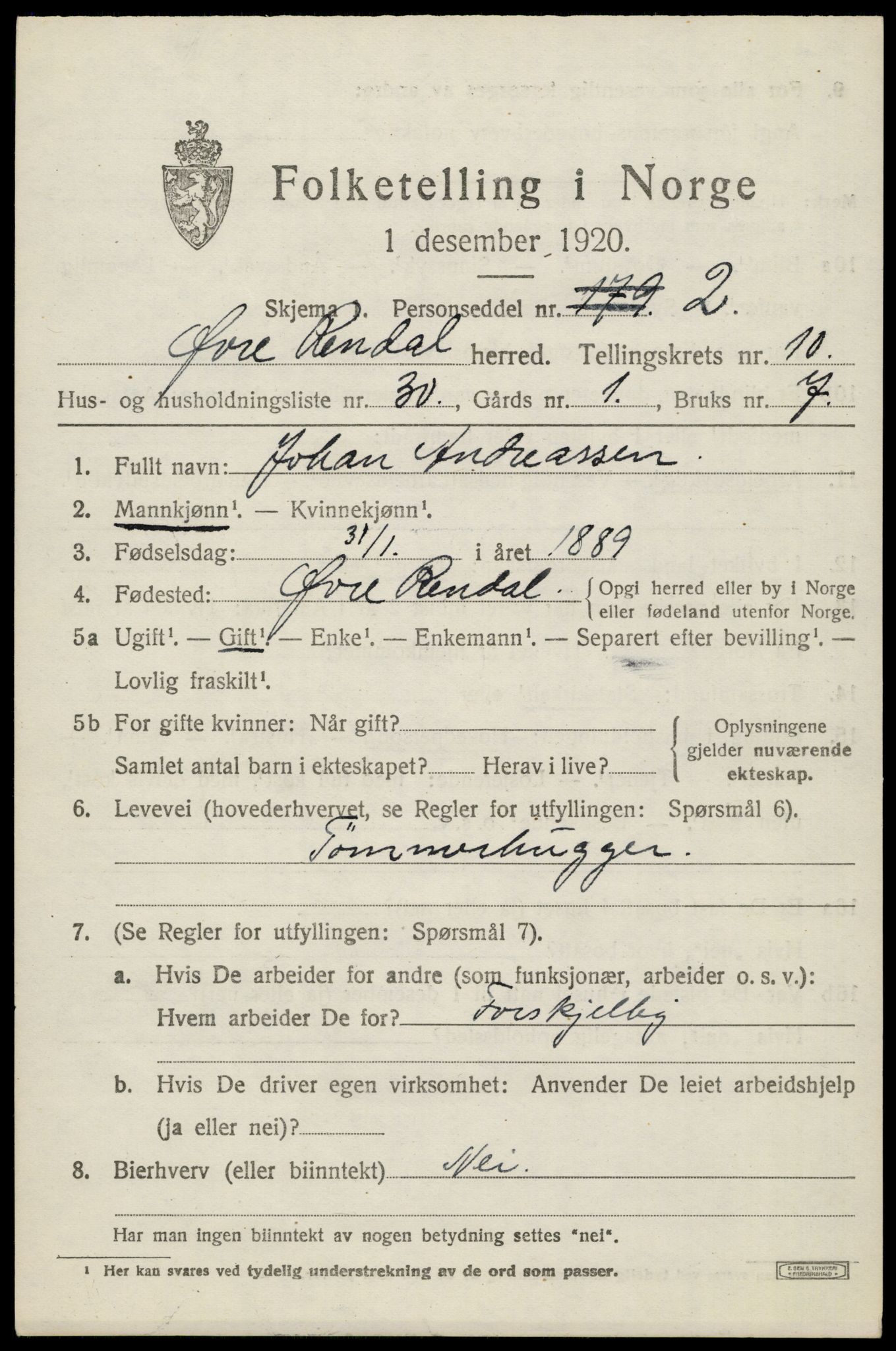 SAH, 1920 census for Øvre Rendal, 1920, p. 4269