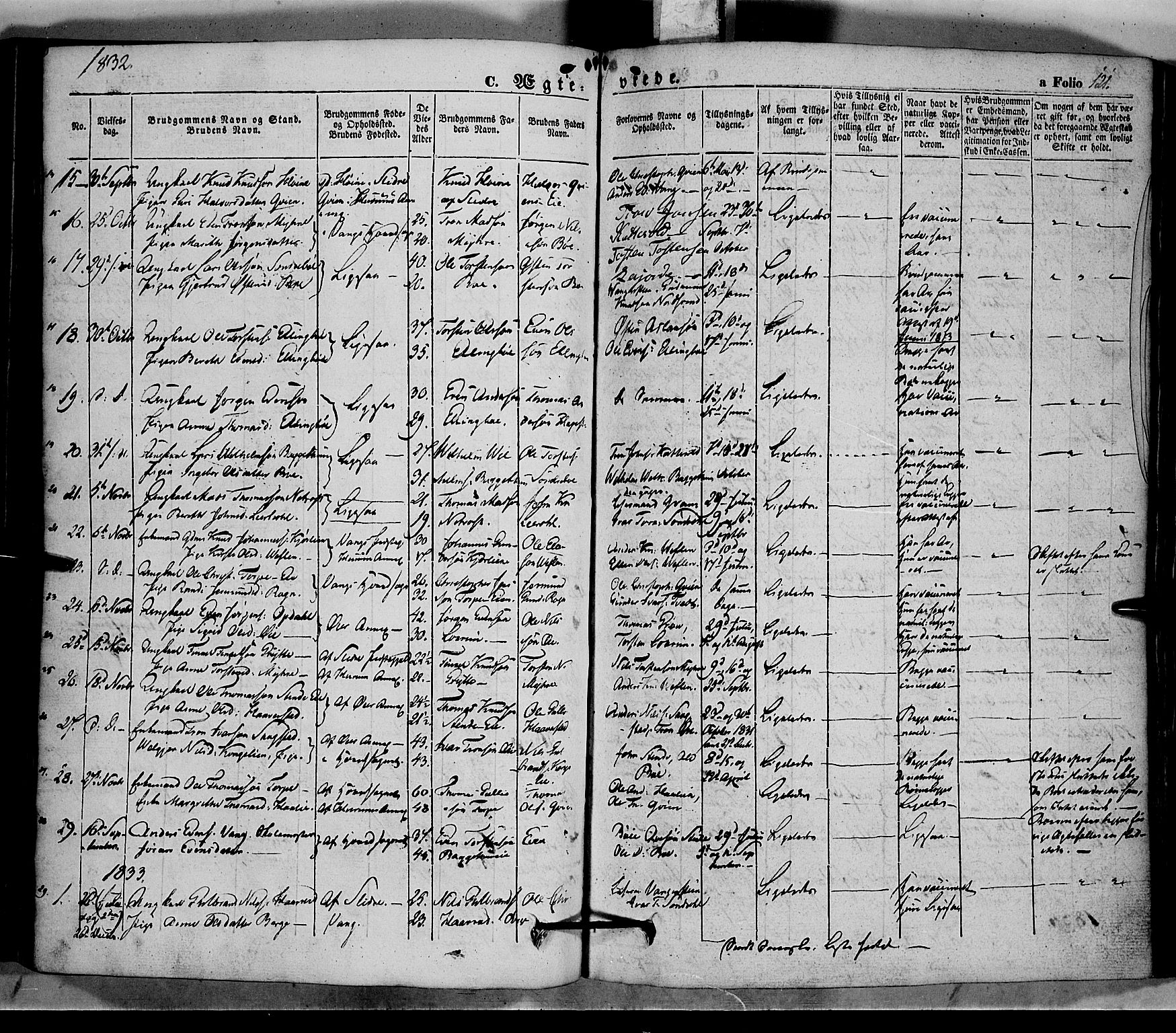 Vang prestekontor, Valdres, SAH/PREST-140/H/Ha/L0005: Parish register (official) no. 5, 1831-1845, p. 121