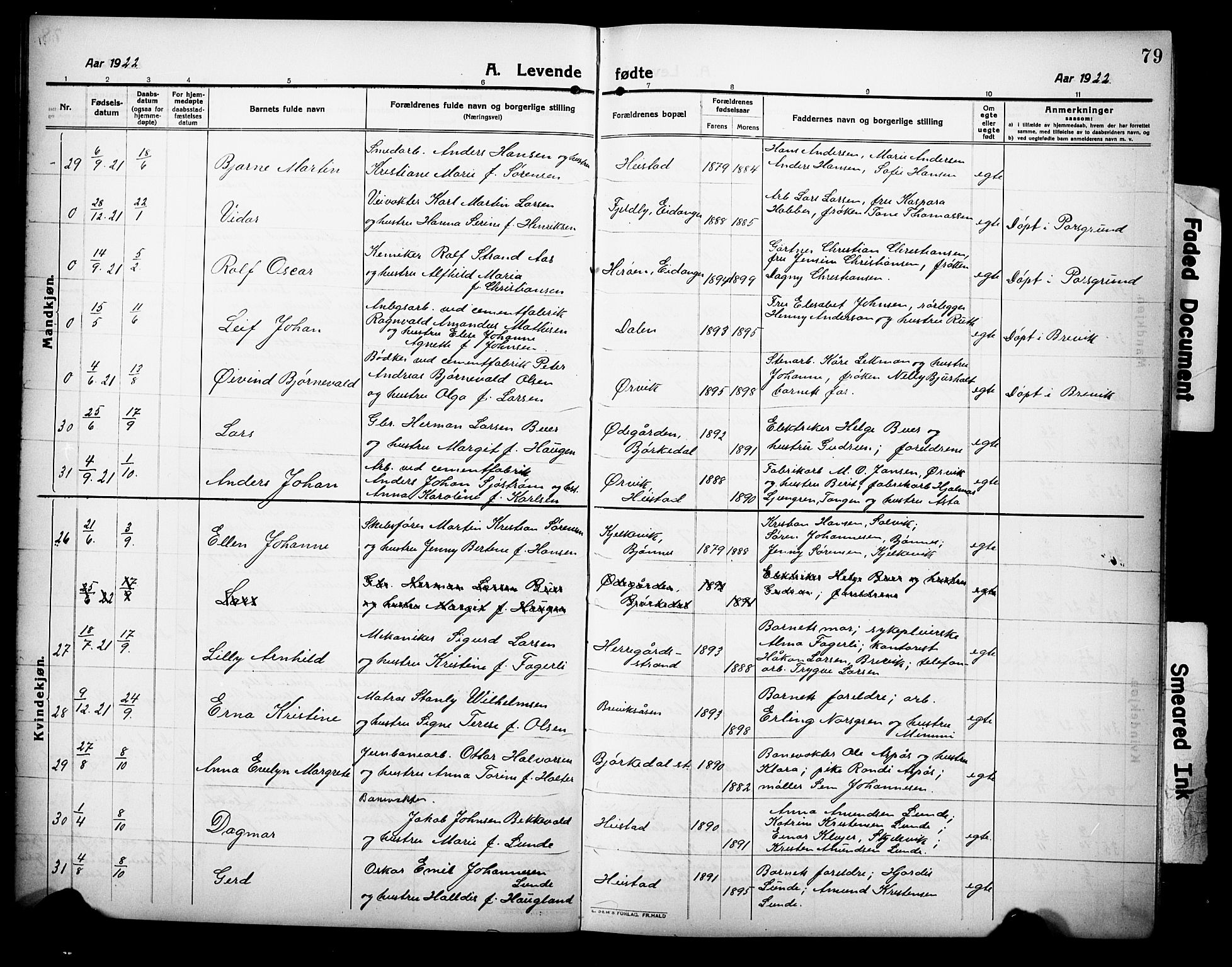 Eidanger kirkebøker, AV/SAKO-A-261/G/Ga/L0004: Parish register (copy) no. 4, 1912-1927, p. 79