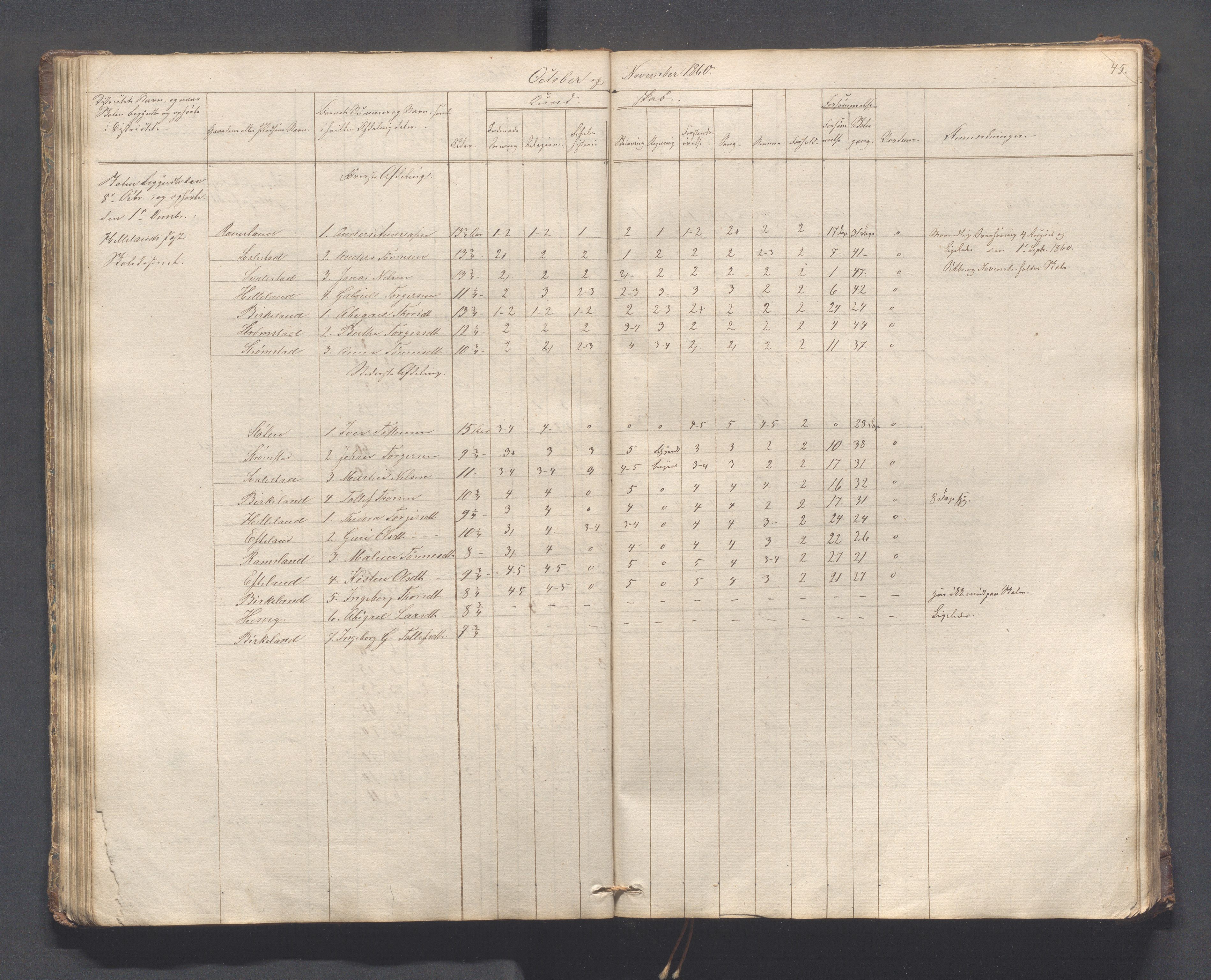 Helleland kommune - Skolekommisjonen/skolestyret, IKAR/K-100486/H/L0005: Skoleprotokoll - Lomeland, Skjerpe, Ramsland, 1845-1891, p. 45