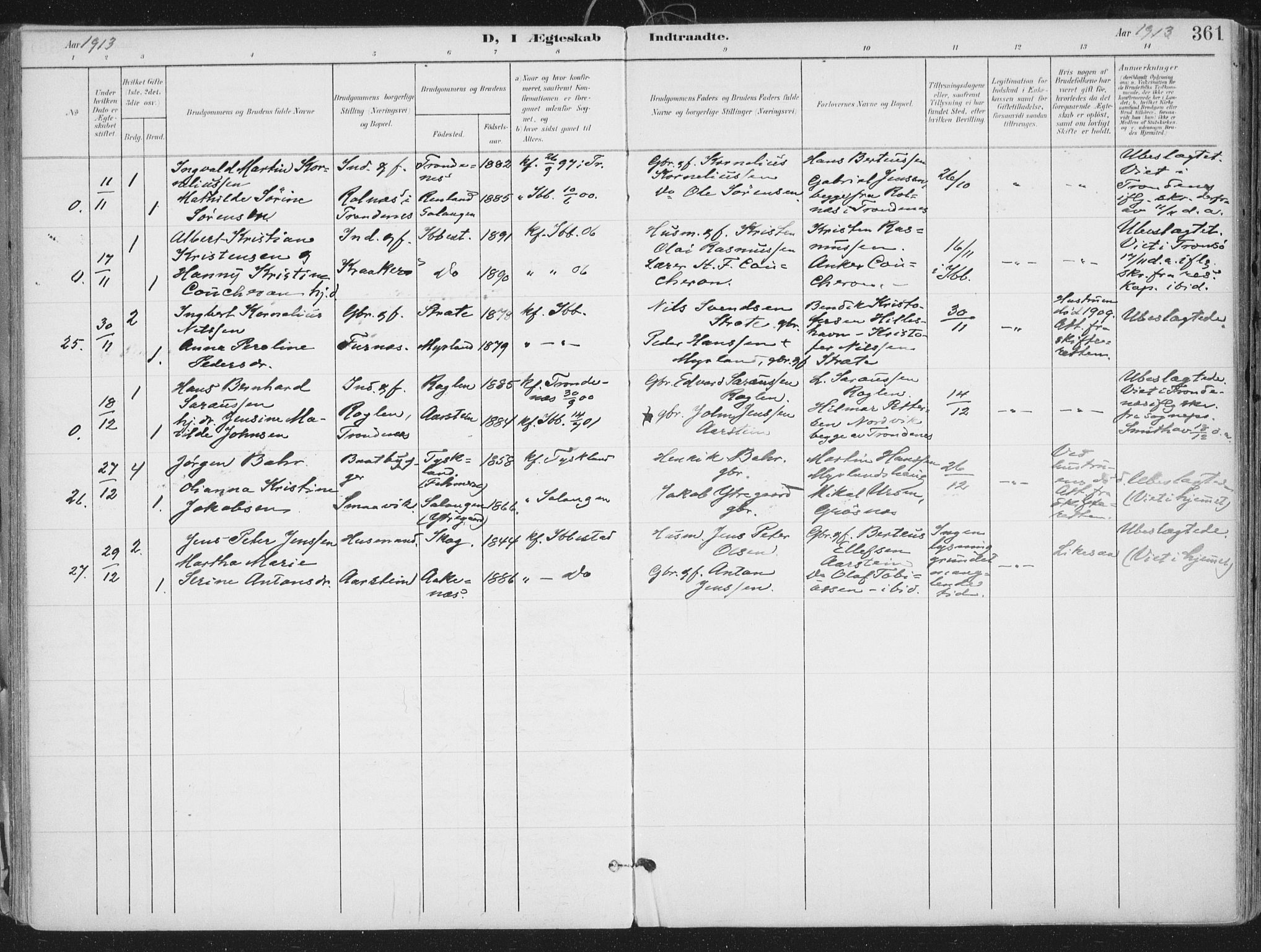Ibestad sokneprestembete, AV/SATØ-S-0077/H/Ha/Haa/L0017kirke: Parish register (official) no. 17, 1901-1914, p. 361