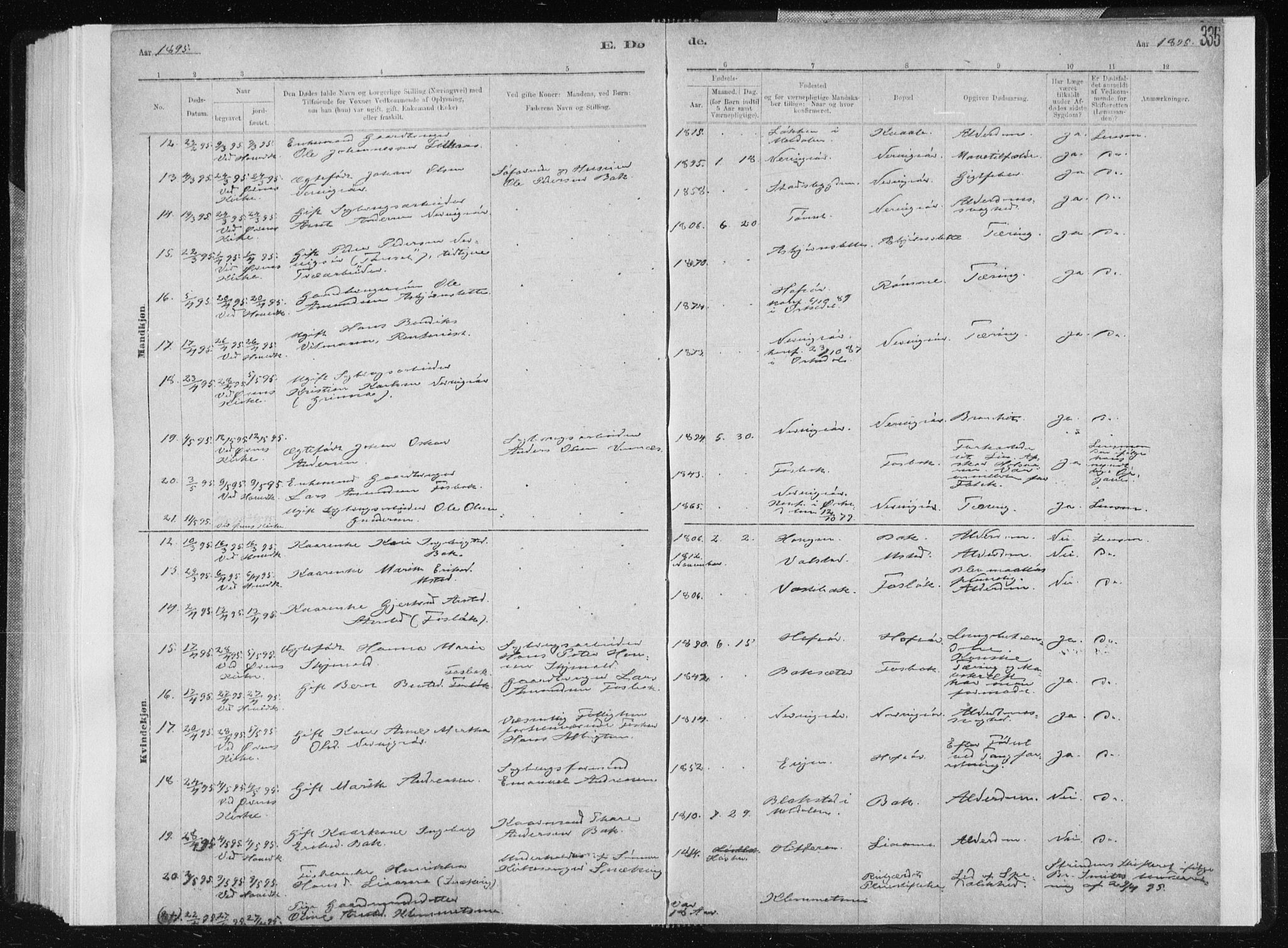 Ministerialprotokoller, klokkerbøker og fødselsregistre - Sør-Trøndelag, SAT/A-1456/668/L0818: Parish register (copy) no. 668C07, 1885-1898, p. 335