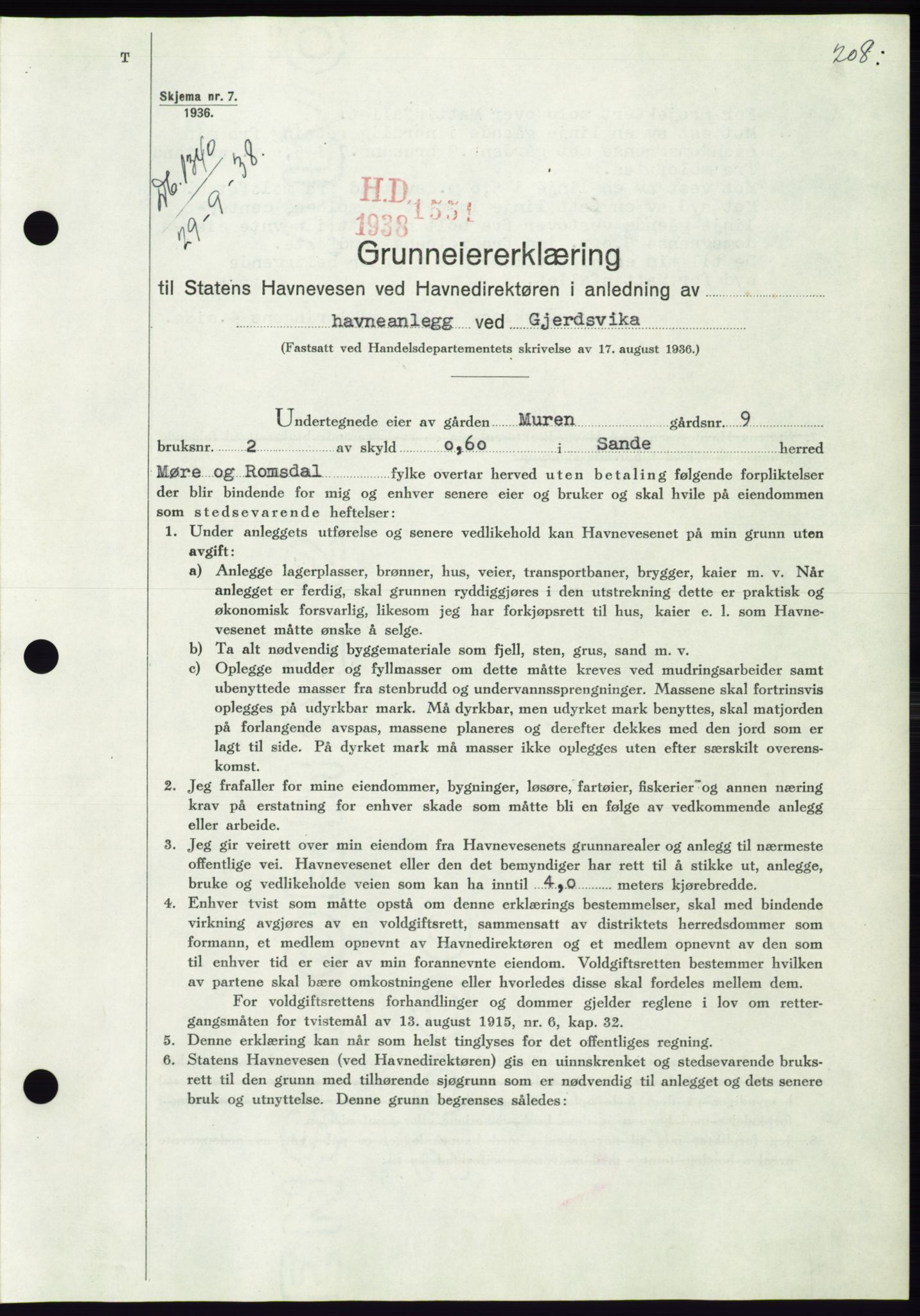 Søre Sunnmøre sorenskriveri, AV/SAT-A-4122/1/2/2C/L0066: Mortgage book no. 60, 1938-1938, Diary no: : 1340/1938