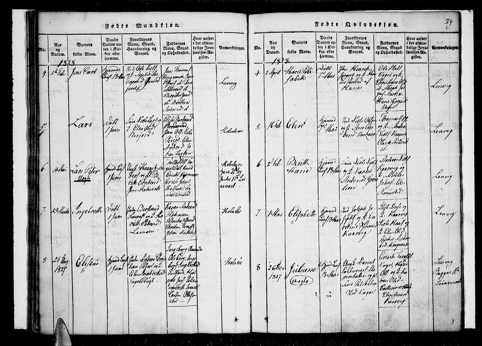 Lenvik sokneprestembete, SATØ/S-1310/H/Ha/Haa/L0003kirke: Parish register (official) no. 3, 1820-1831, p. 54