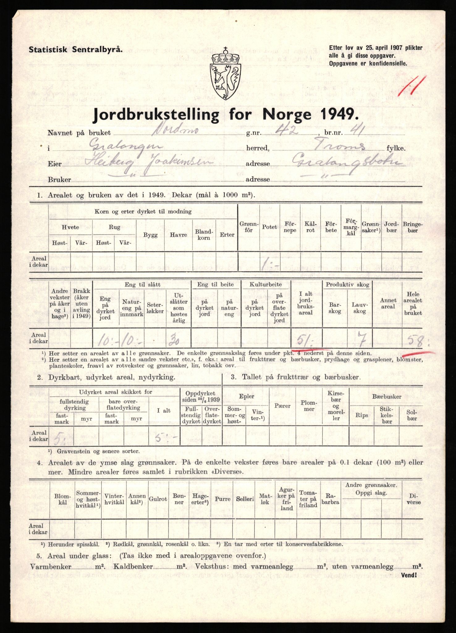 Statistisk sentralbyrå, Næringsøkonomiske emner, Jordbruk, skogbruk, jakt, fiske og fangst, AV/RA-S-2234/G/Gc/L0437: Troms: Gratangen og Lavangen, 1949, p. 1240