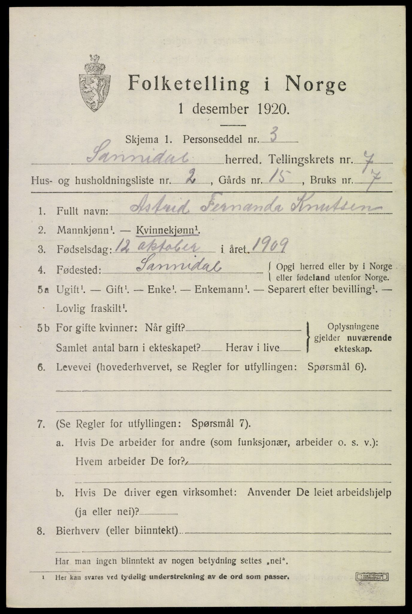 SAKO, 1920 census for Sannidal, 1920, p. 4925