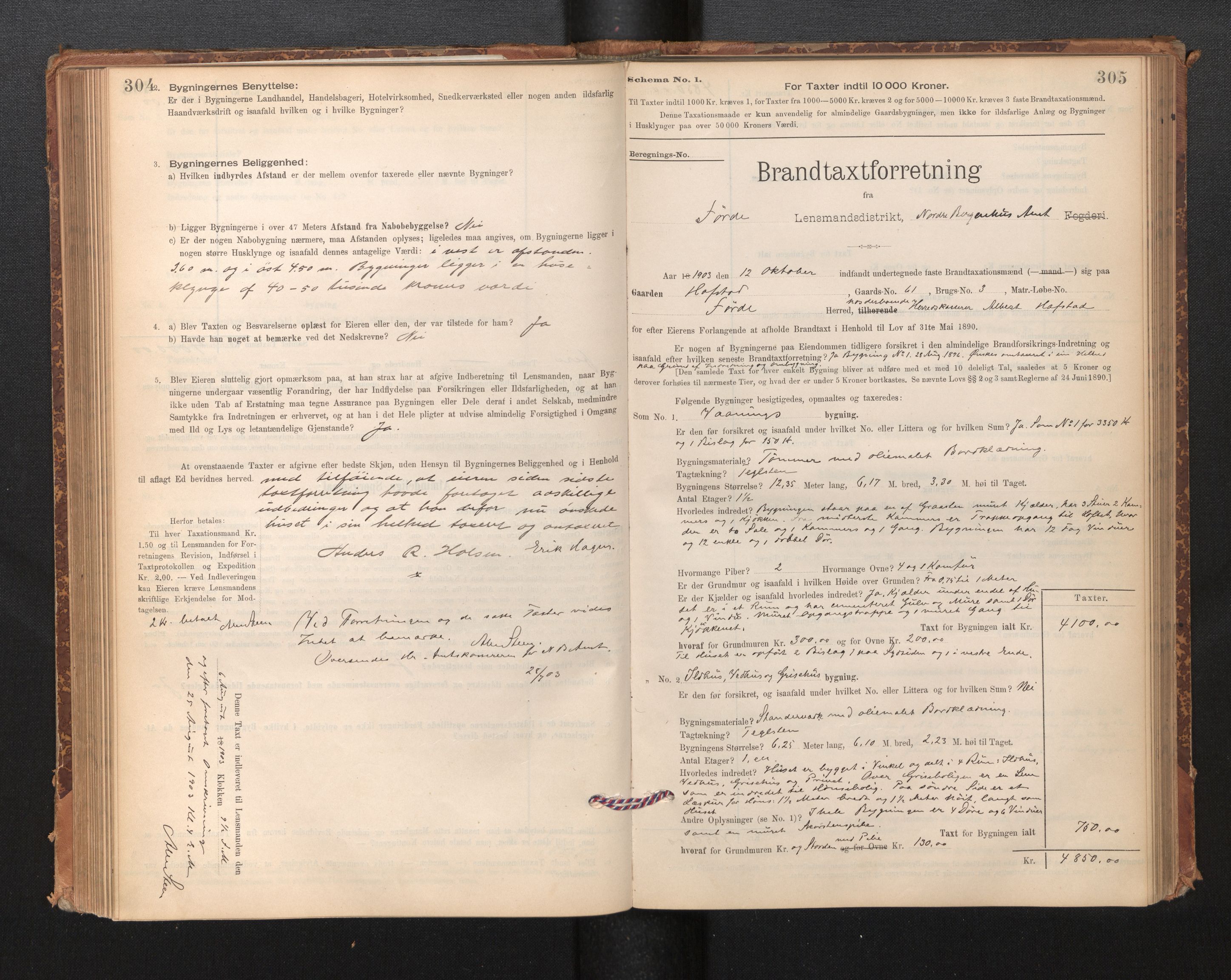 Lensmannen i Førde, AV/SAB-A-27401/0012/L0008: Branntakstprotokoll, skjematakst, 1895-1922, p. 304-305