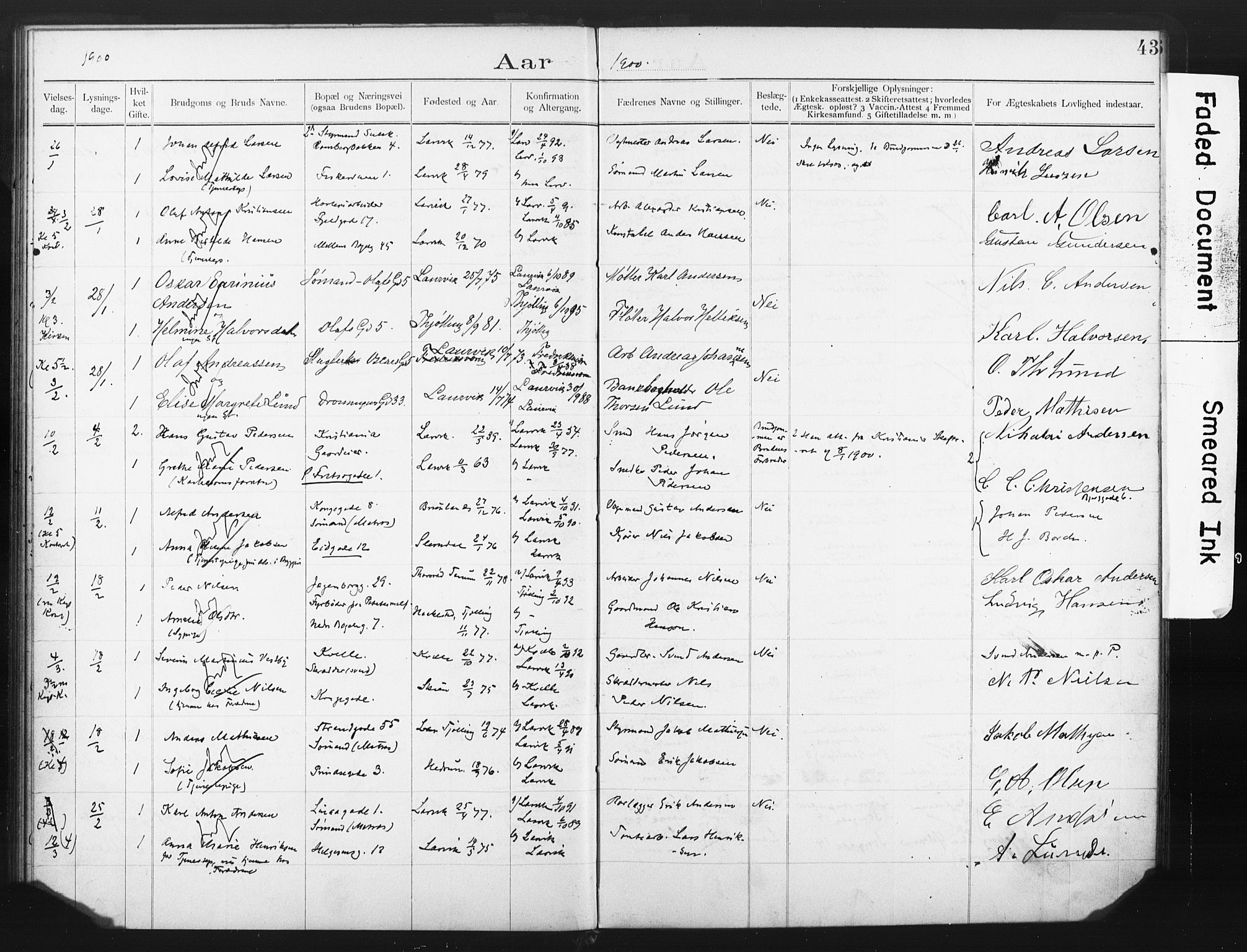 Larvik kirkebøker, AV/SAKO-A-352/H/Ha/L0002: Banns register no. 2, 1892-1907, p. 43