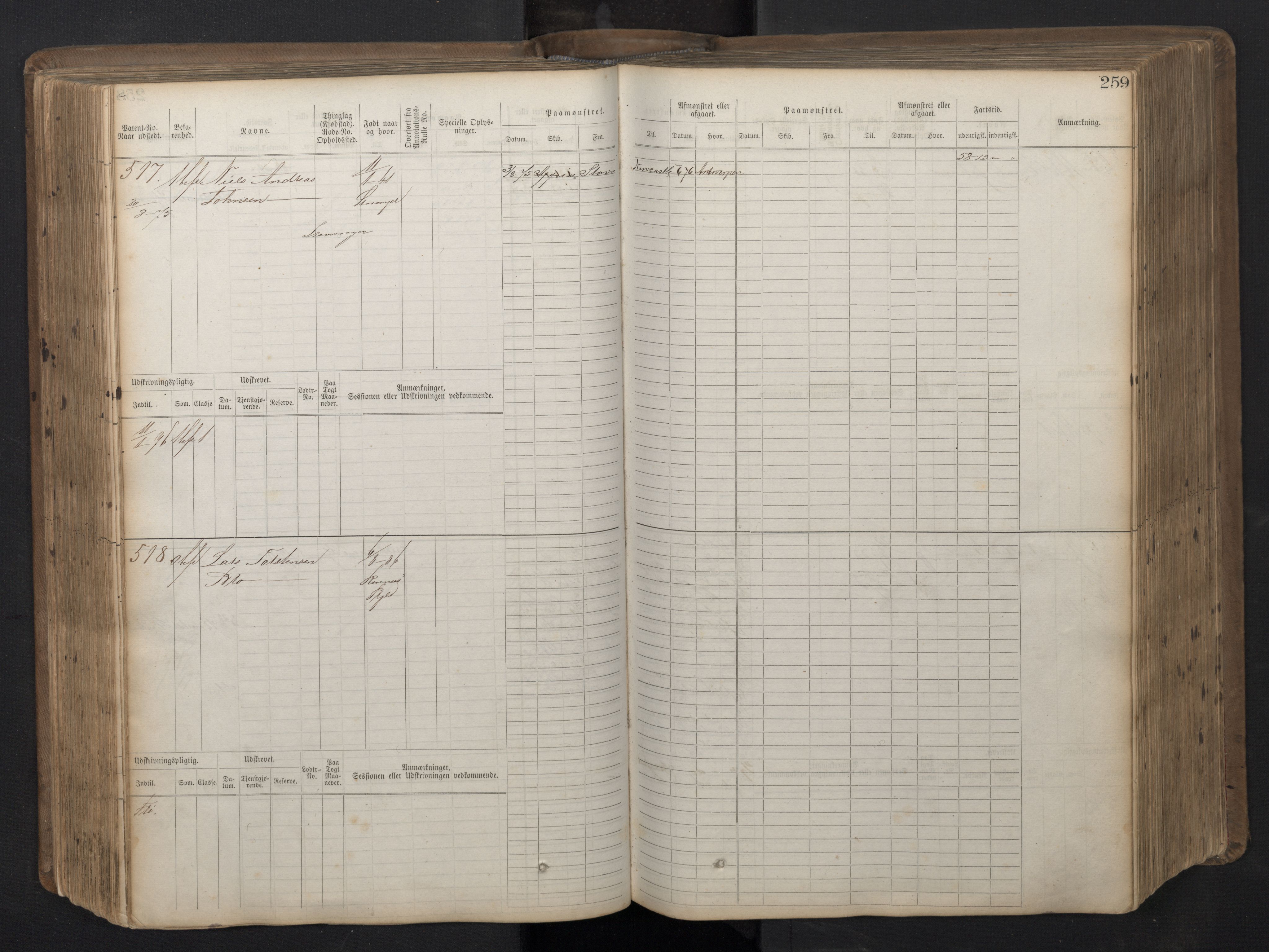 Stavanger sjømannskontor, AV/SAST-A-102006/F/Fb/Fbb/L0016: Sjøfartshovedrulle patnentnr. 1-1202 (dublett), 1869, p. 259