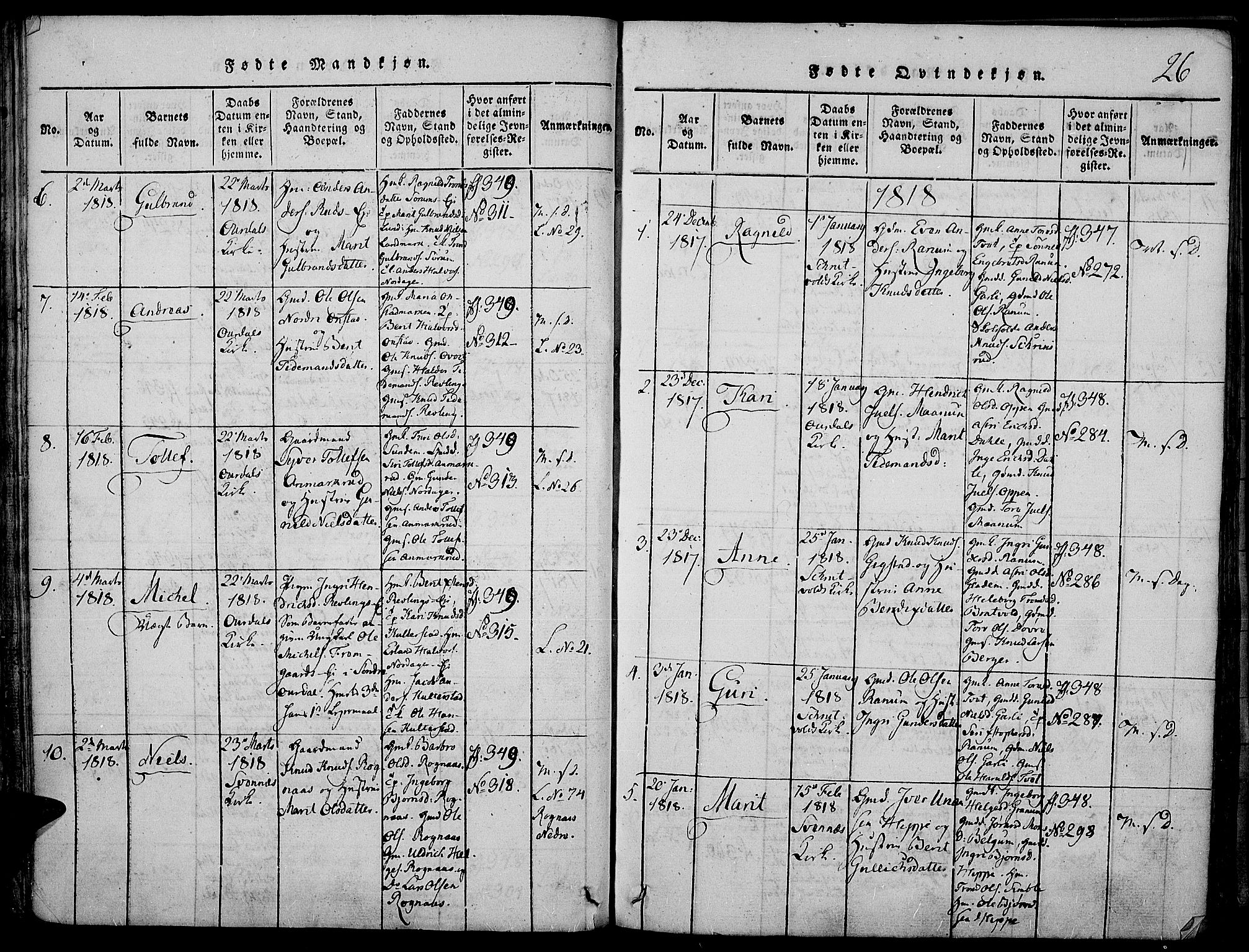 Nord-Aurdal prestekontor, SAH/PREST-132/H/Ha/Haa/L0002: Parish register (official) no. 2, 1816-1828, p. 26