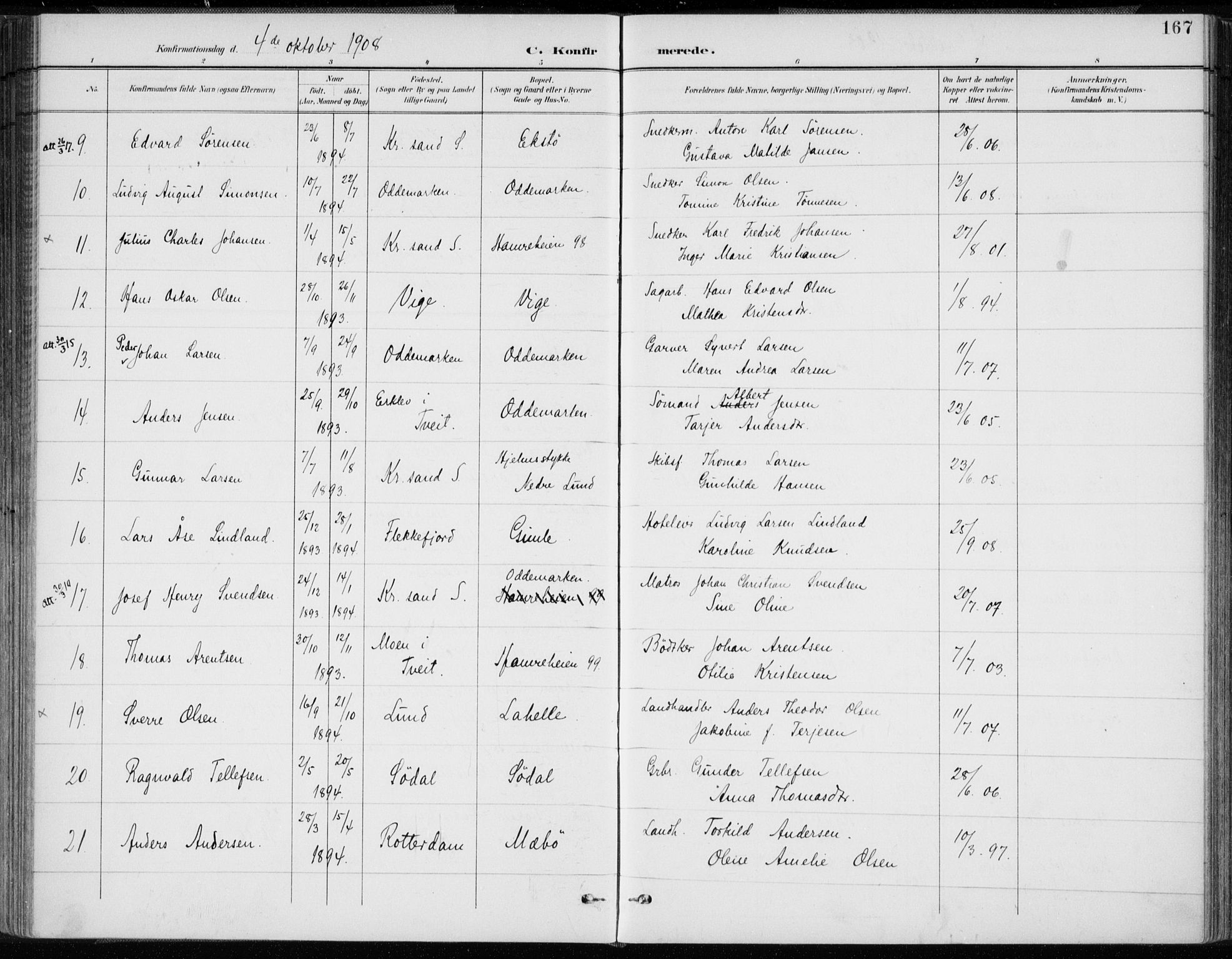 Oddernes sokneprestkontor, AV/SAK-1111-0033/F/Fa/Faa/L0010: Parish register (official) no. A 10, 1897-1911, p. 167