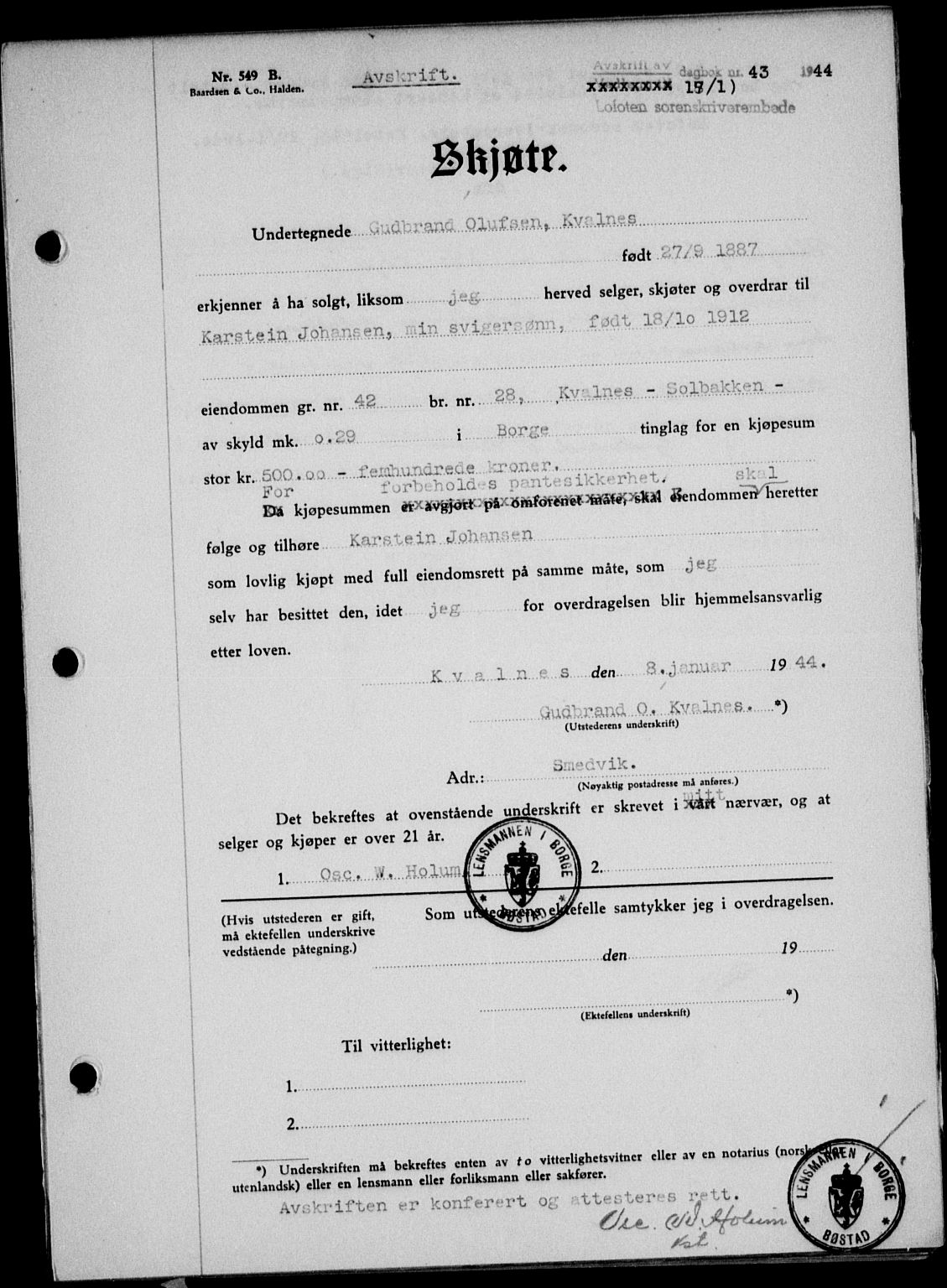 Lofoten sorenskriveri, SAT/A-0017/1/2/2C/L0012a: Mortgage book no. 12a, 1943-1944, Diary no: : 43/1944