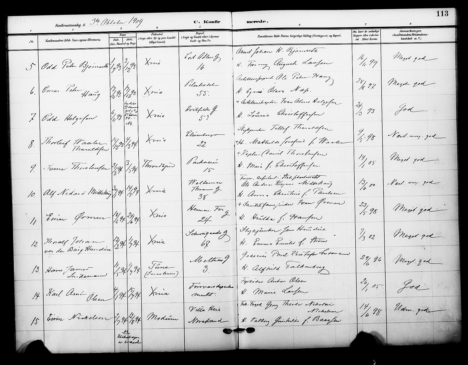 Garnisonsmenigheten Kirkebøker, AV/SAO-A-10846/F/Fa/L0014: Parish register (official) no. 14, 1905-1914, p. 113