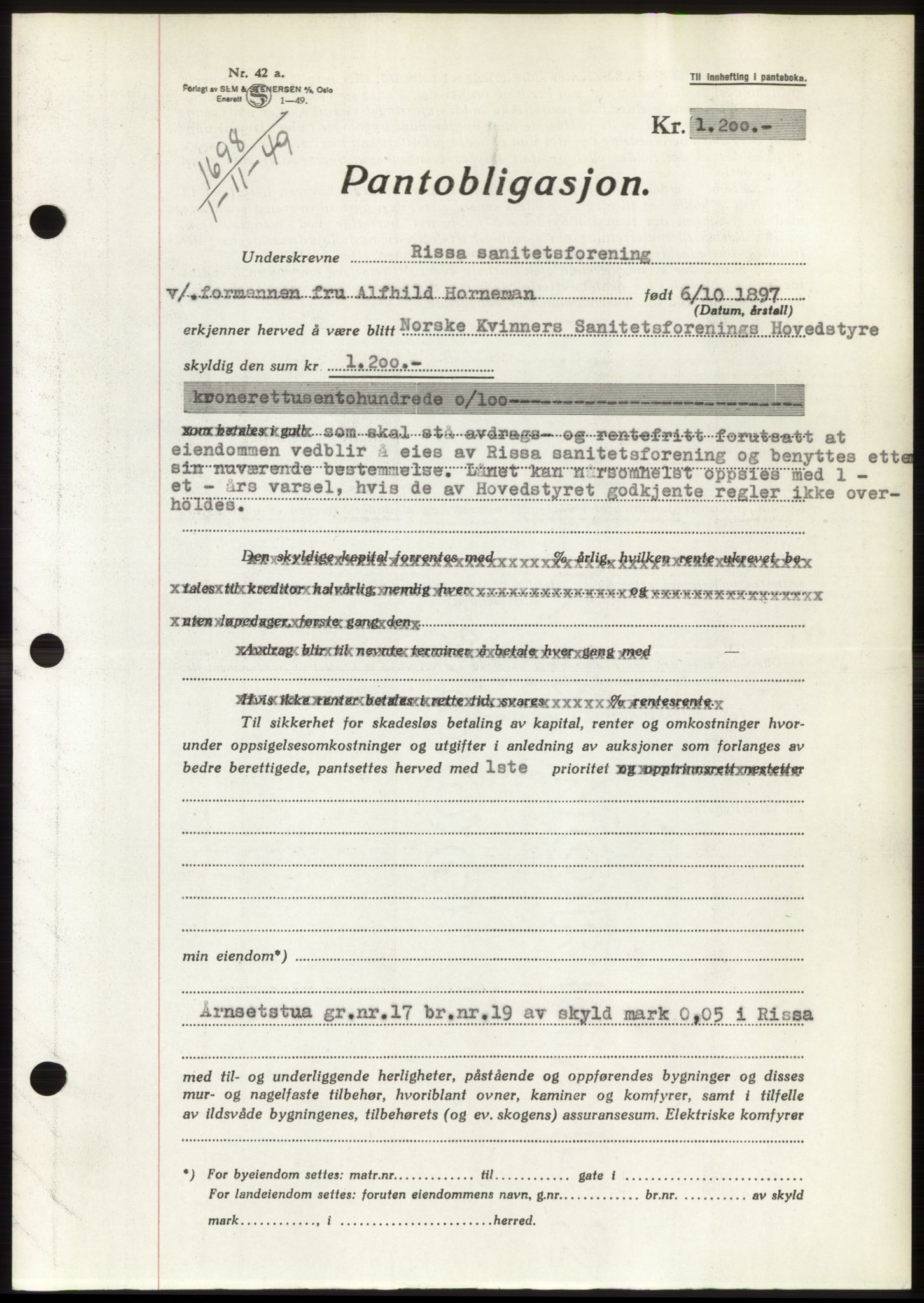 Fosen sorenskriveri, AV/SAT-A-1107/1/2/2C: Mortgage book no. B, 1948-1950, Diary no: : 1698/1949