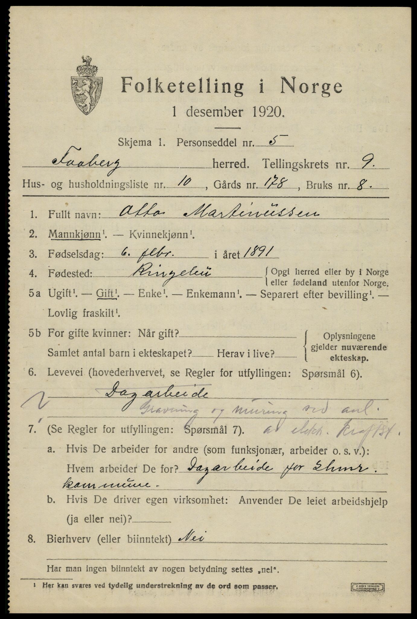SAH, 1920 census for Fåberg, 1920, p. 10130