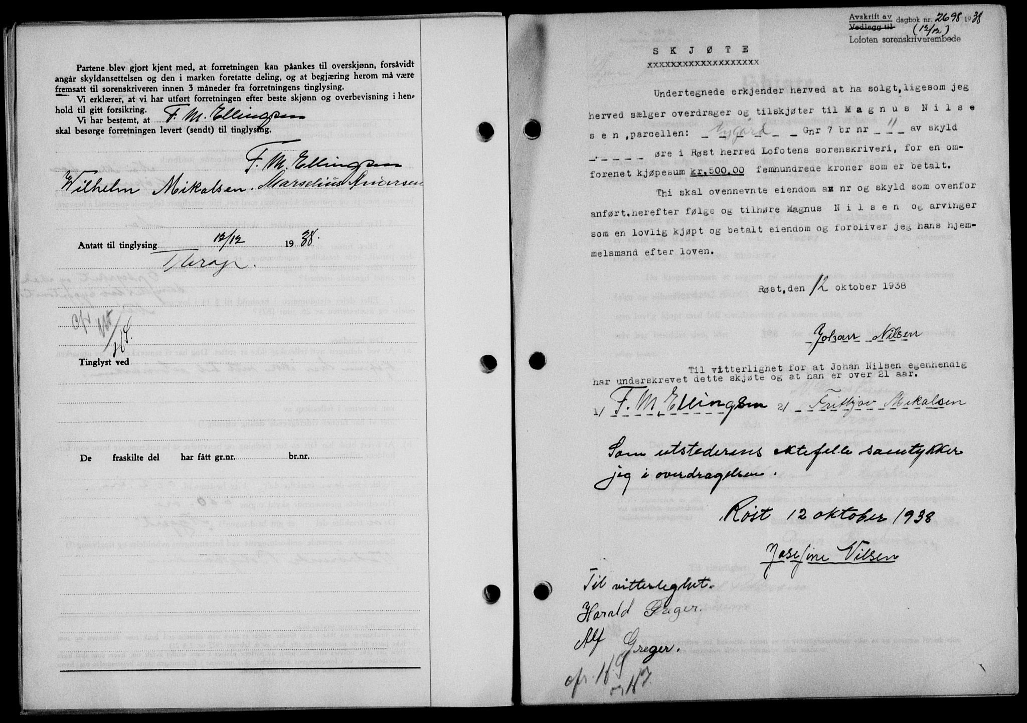 Lofoten sorenskriveri, SAT/A-0017/1/2/2C/L0005a: Mortgage book no. 5a, 1939-1939, Diary no: : 2698/1938