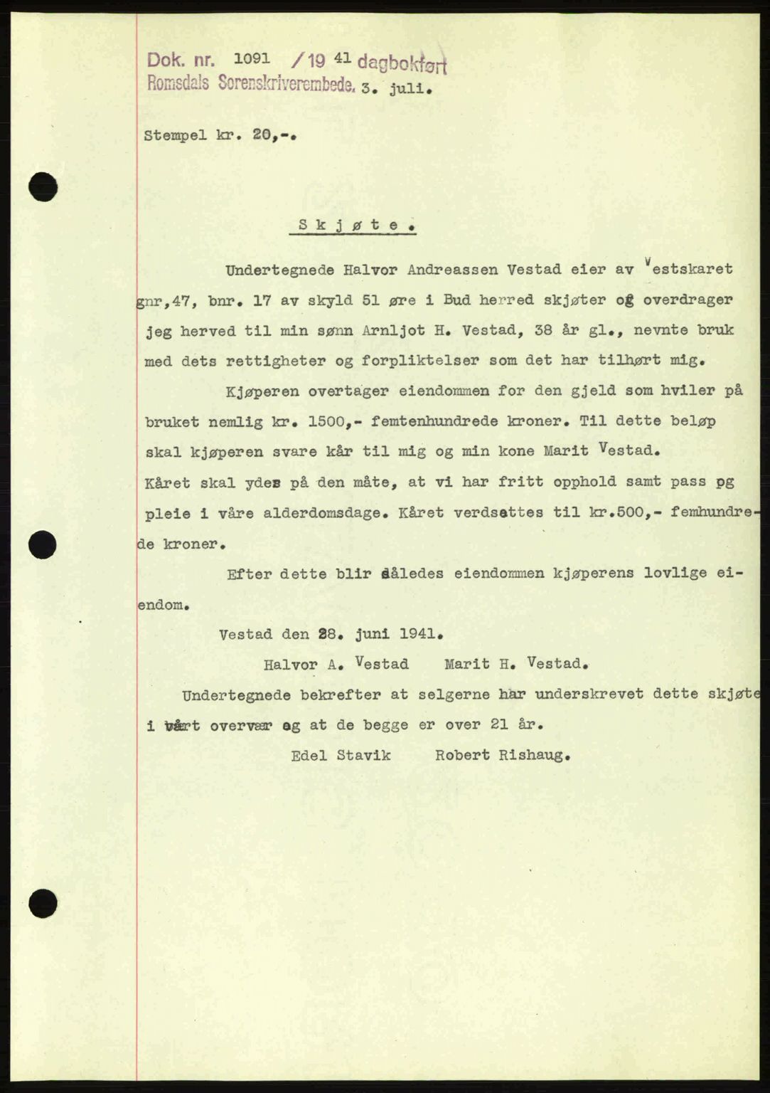 Romsdal sorenskriveri, AV/SAT-A-4149/1/2/2C: Mortgage book no. A10, 1941-1941, Diary no: : 1091/1941