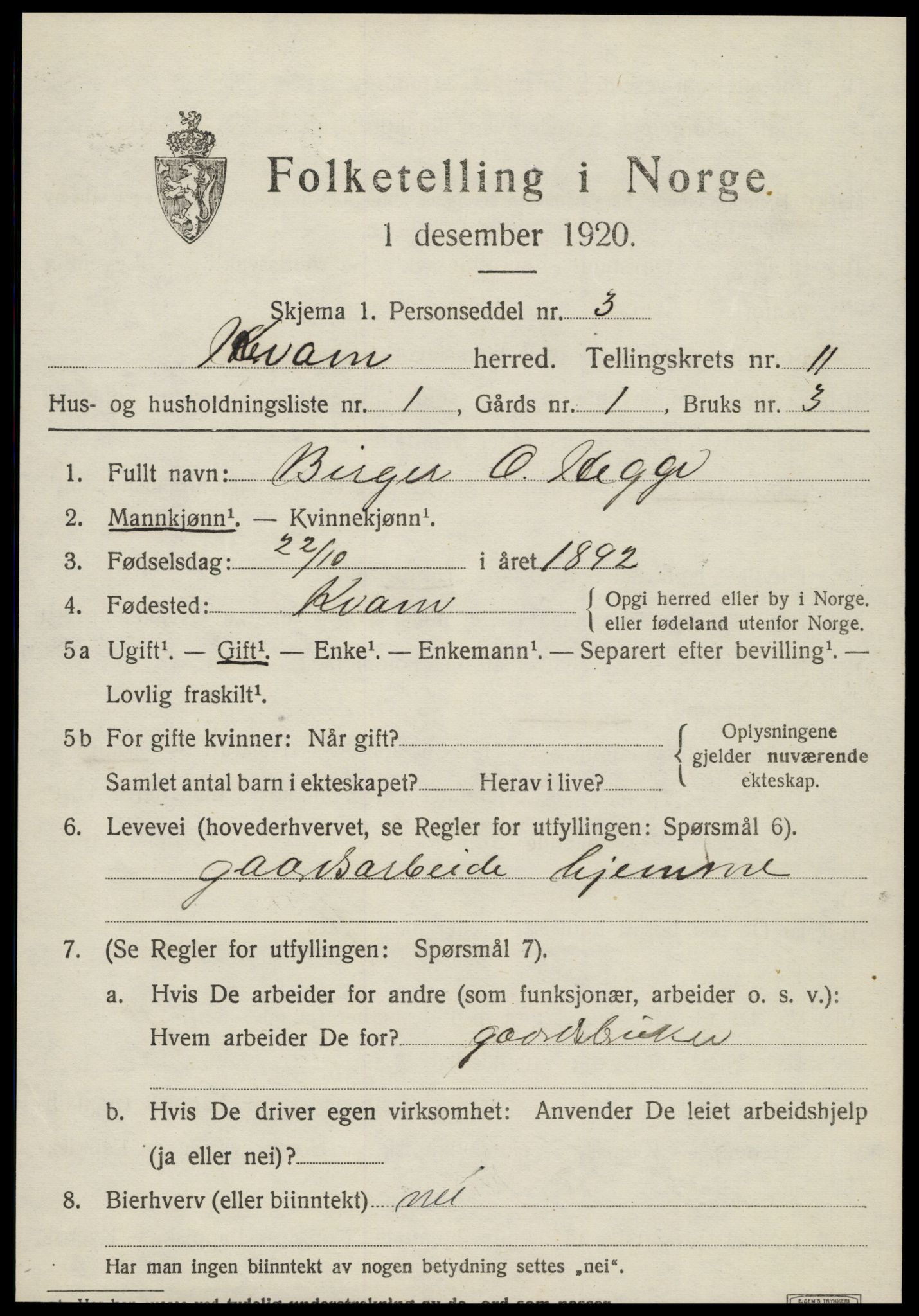 SAT, 1920 census for Kvam, 1920, p. 2715