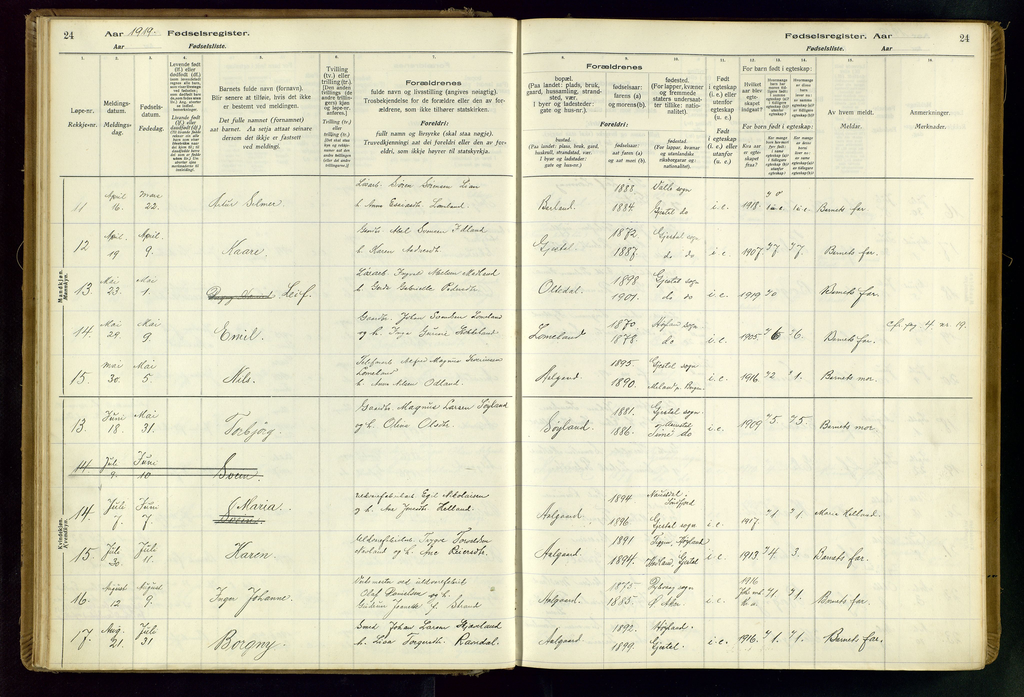 Gjesdal sokneprestkontor, SAST/A-101796/002/O/L0001: Birth register no. 1, 1916-1949, p. 24