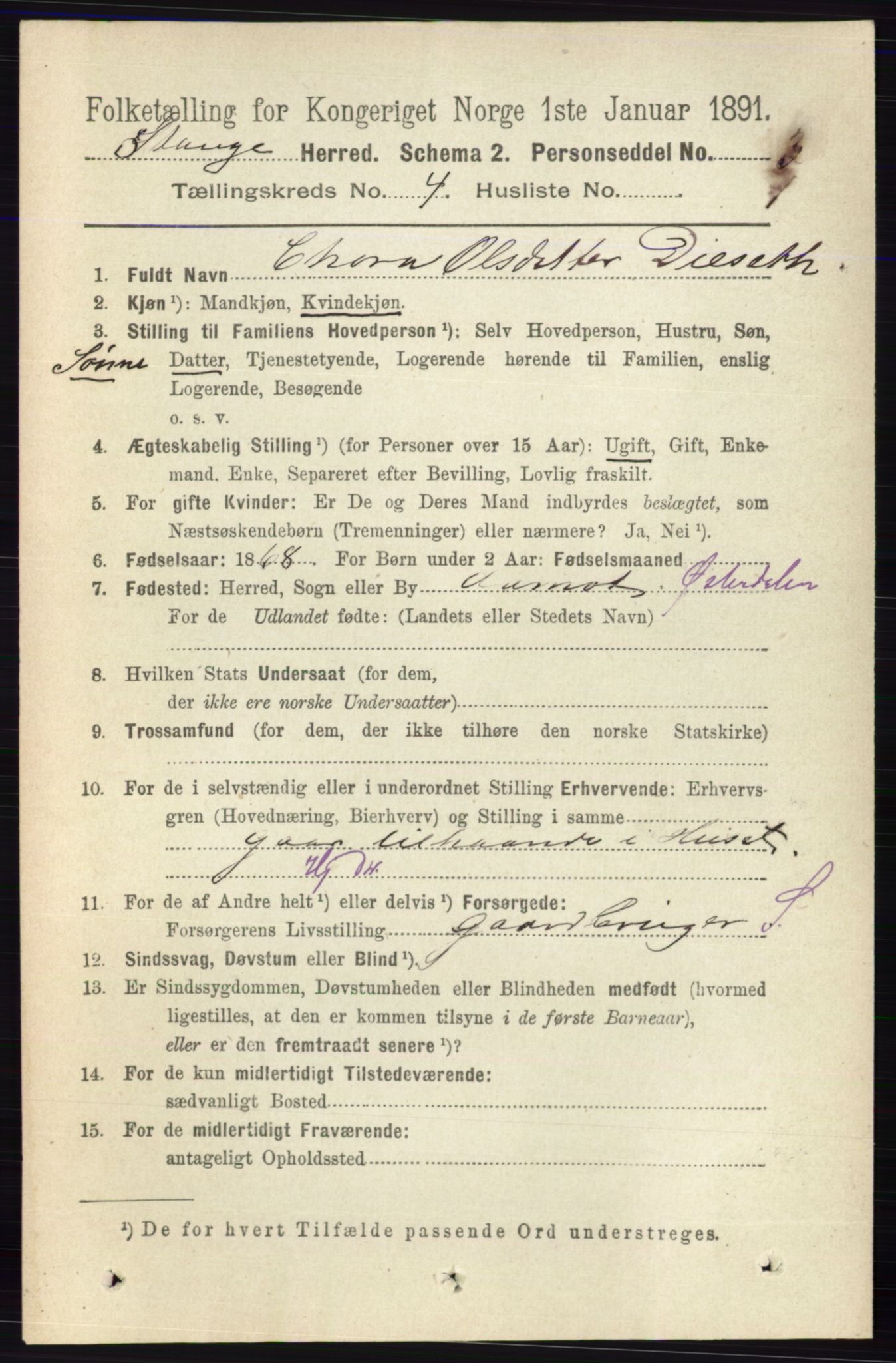 RA, 1891 census for 0417 Stange, 1891, p. 2327