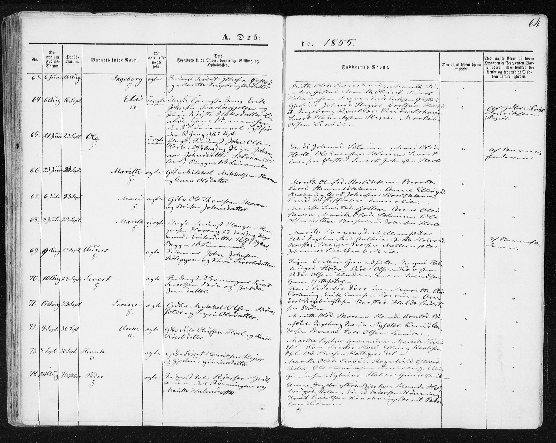 Ministerialprotokoller, klokkerbøker og fødselsregistre - Sør-Trøndelag, SAT/A-1456/678/L0899: Parish register (official) no. 678A08, 1848-1872, p. 64