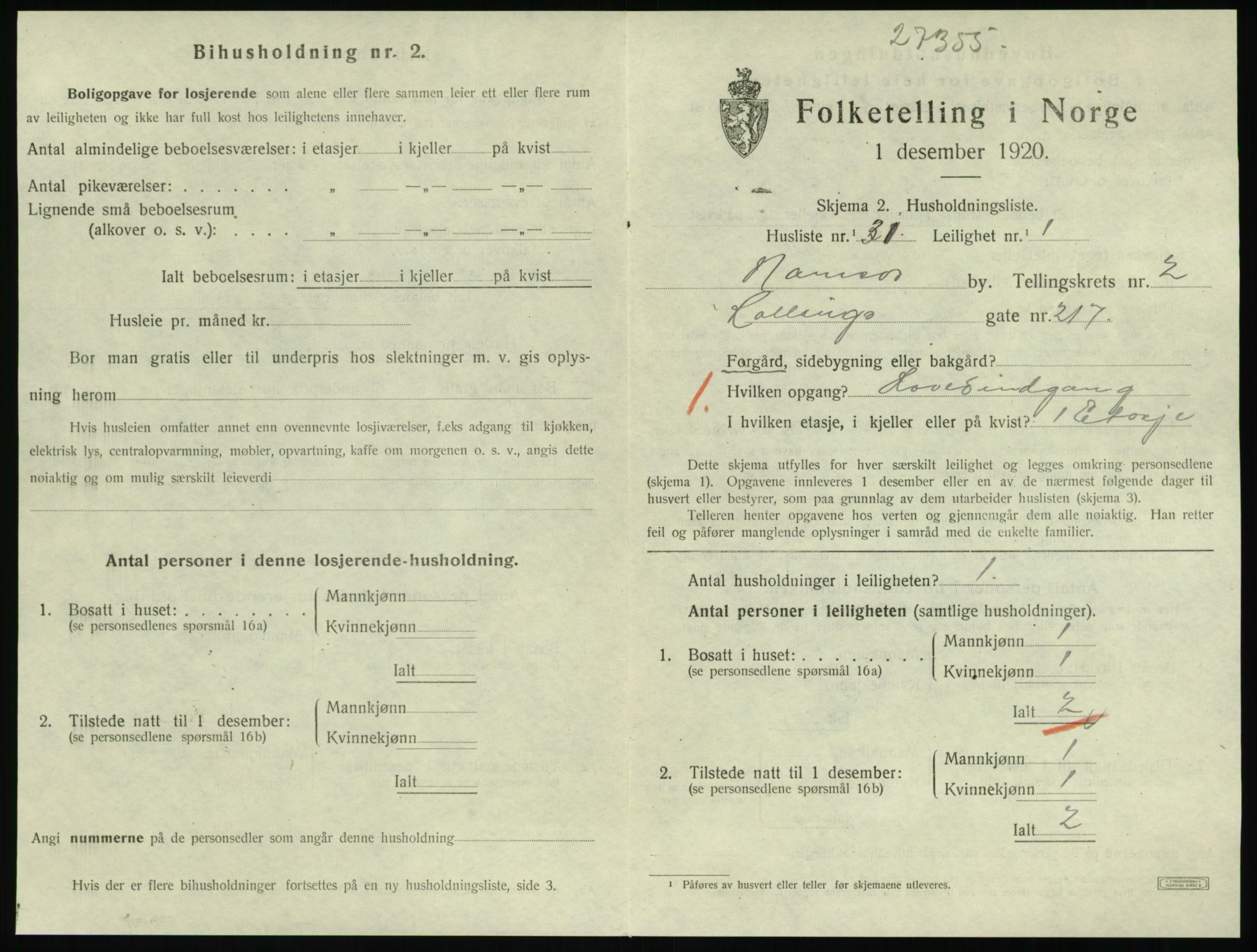 SAT, 1920 census for Namsos, 1920, p. 1071
