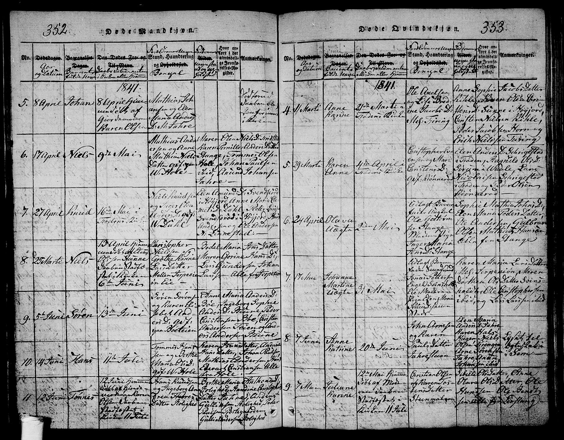 Ramnes kirkebøker, SAKO/A-314/G/Ga/L0001: Parish register (copy) no. I 1, 1813-1847, p. 352-353