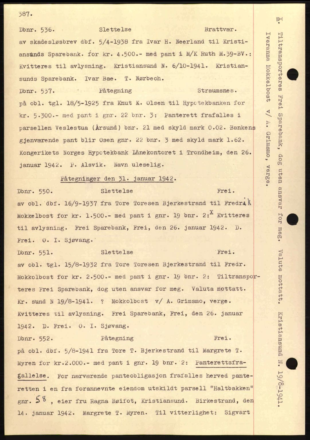 Nordmøre sorenskriveri, AV/SAT-A-4132/1/2/2Ca: Mortgage book no. C81, 1940-1945, Diary no: : 536/1942