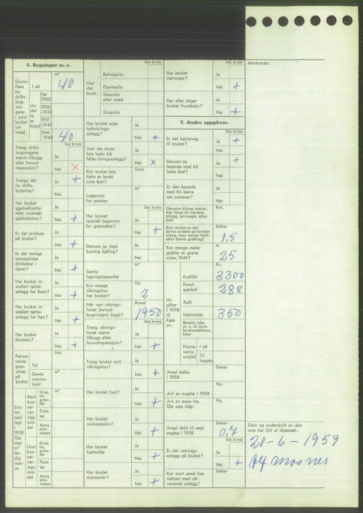 Statistisk sentralbyrå, Næringsøkonomiske emner, Jordbruk, skogbruk, jakt, fiske og fangst, AV/RA-S-2234/G/Gd/L0373: Rogaland: 1130 Strand (kl. 1-2), 1131 Årdal og 1132 Fister, 1959, p. 1792