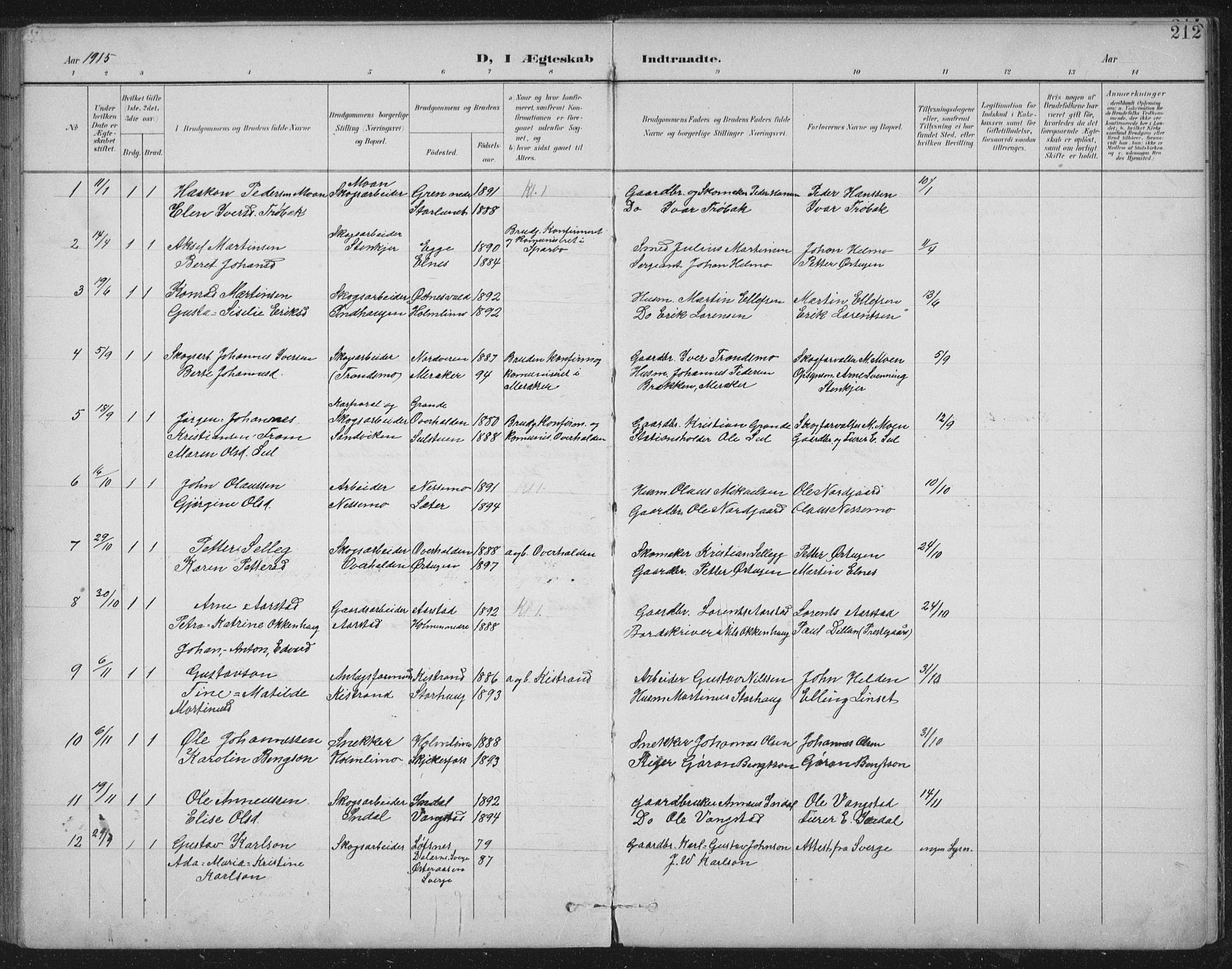 Ministerialprotokoller, klokkerbøker og fødselsregistre - Nord-Trøndelag, SAT/A-1458/724/L0269: Parish register (copy) no. 724C05, 1899-1920, p. 212