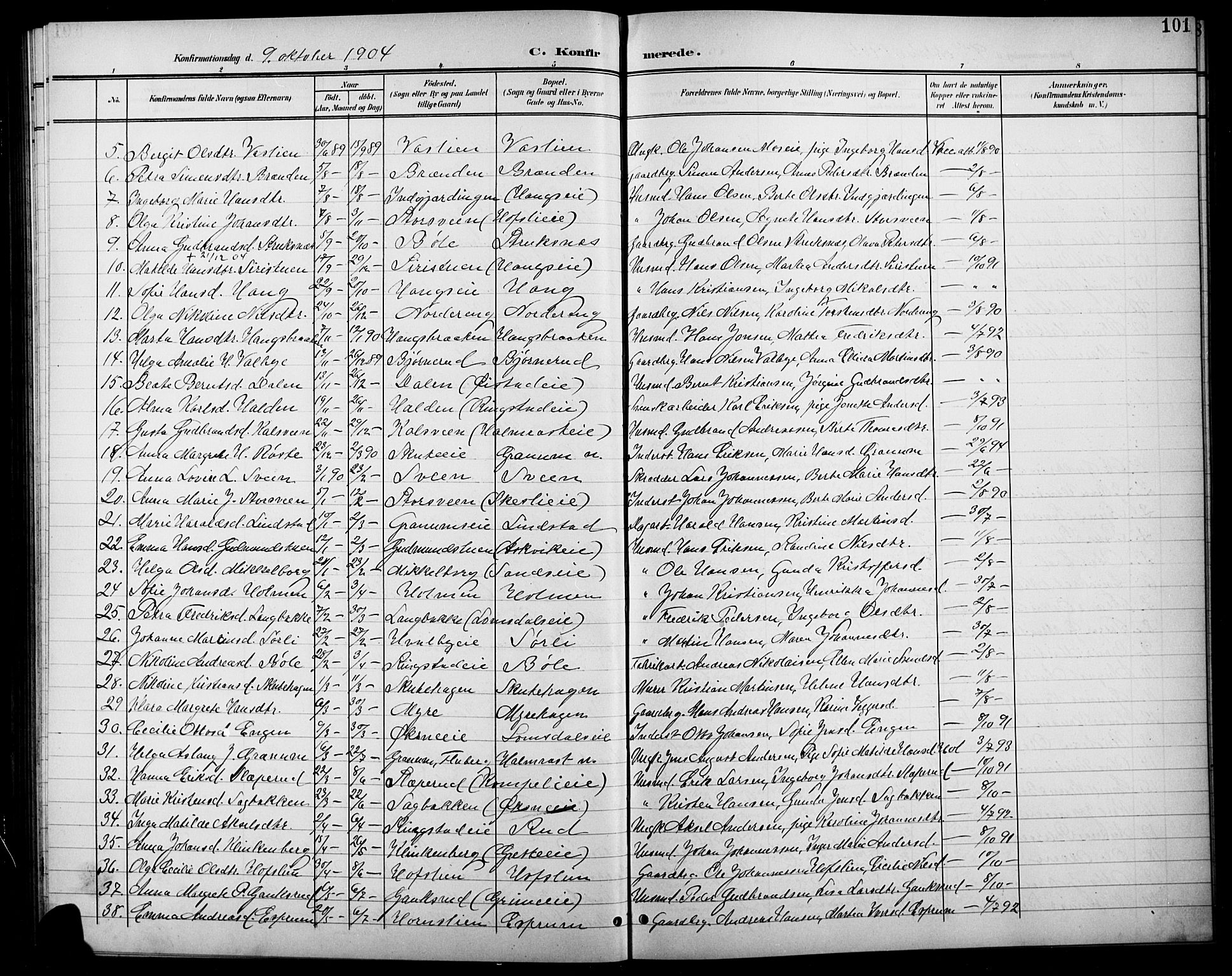 Søndre Land prestekontor, SAH/PREST-122/L/L0004: Parish register (copy) no. 4, 1901-1915, p. 101