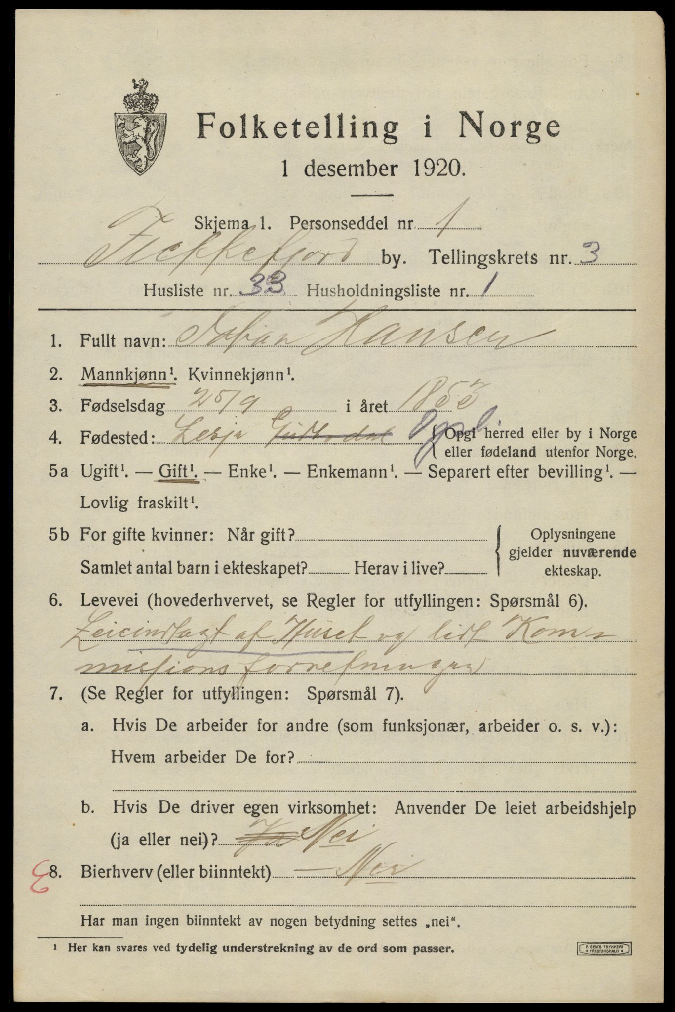 SAK, 1920 census for Flekkefjord, 1920, p. 3792