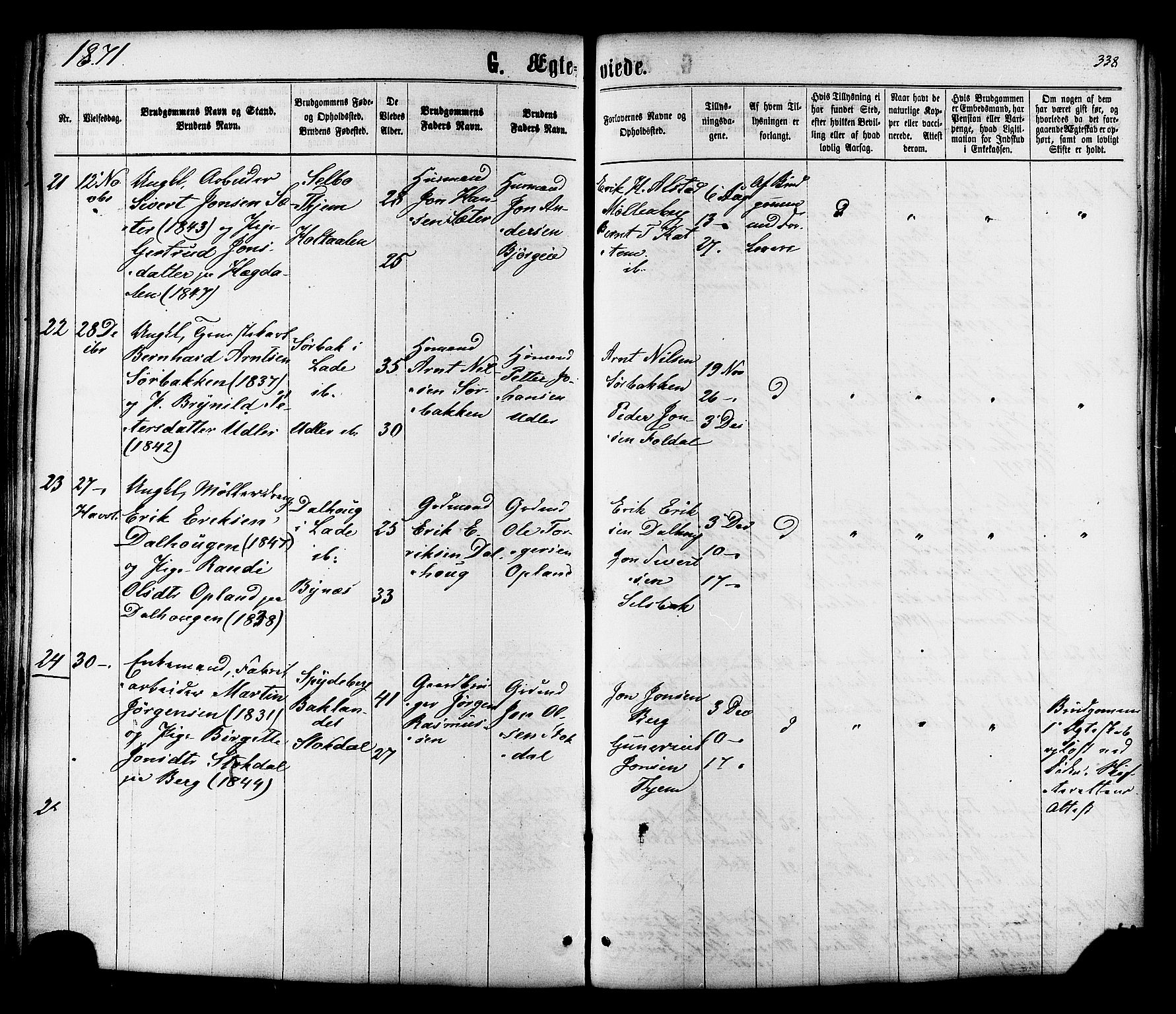 Ministerialprotokoller, klokkerbøker og fødselsregistre - Sør-Trøndelag, SAT/A-1456/606/L0293: Parish register (official) no. 606A08, 1866-1877, p. 338