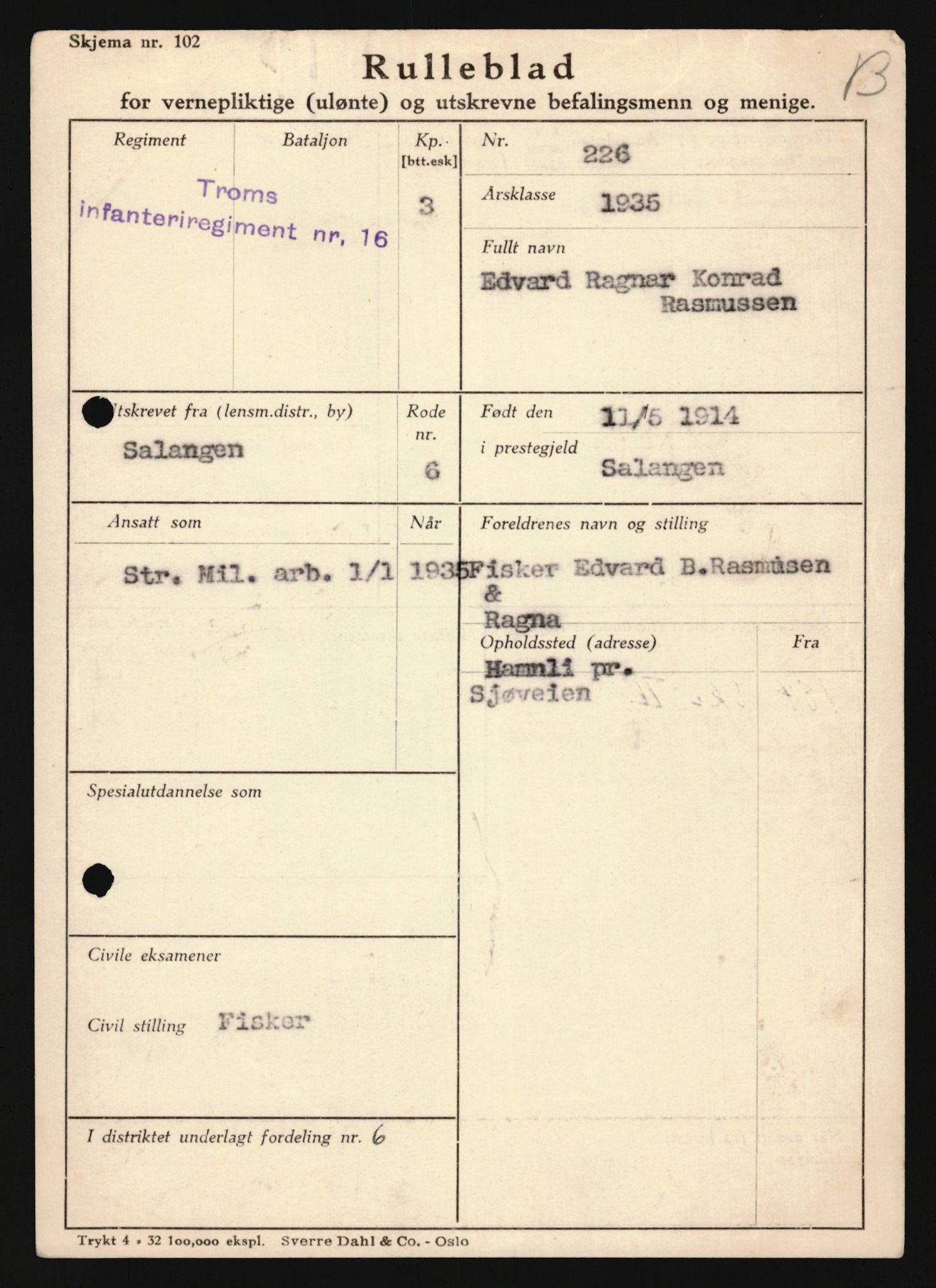 Forsvaret, Troms infanteriregiment nr. 16, AV/RA-RAFA-3146/P/Pa/L0019: Rulleblad for regimentets menige mannskaper, årsklasse 1935, 1935, p. 1073