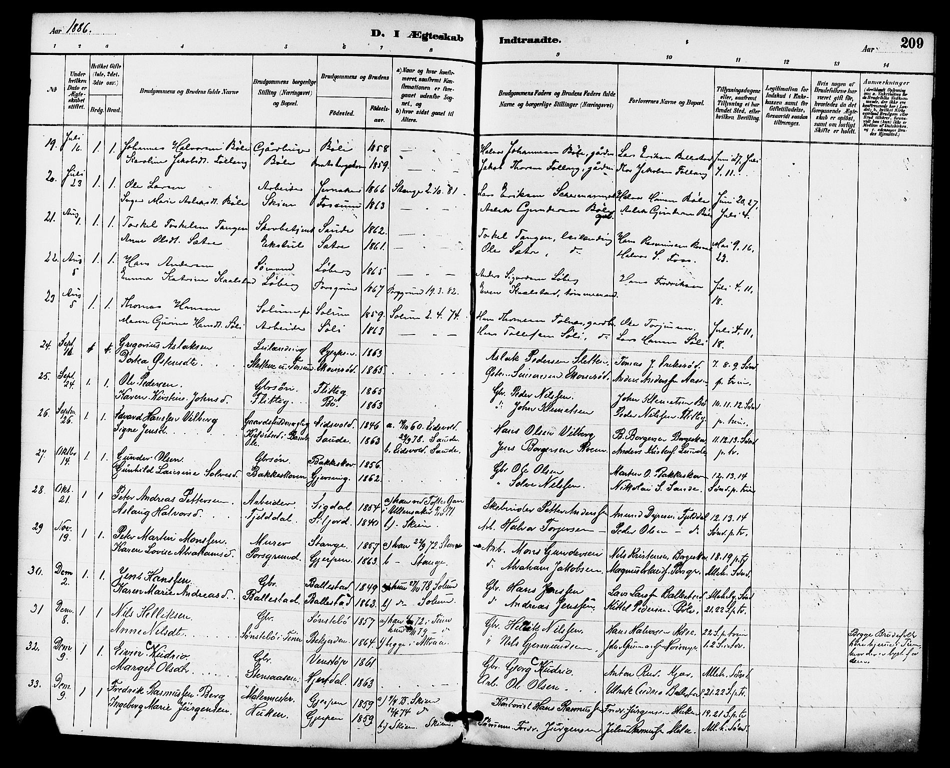 Gjerpen kirkebøker, AV/SAKO-A-265/F/Fa/L0010: Parish register (official) no. I 10, 1886-1895, p. 209