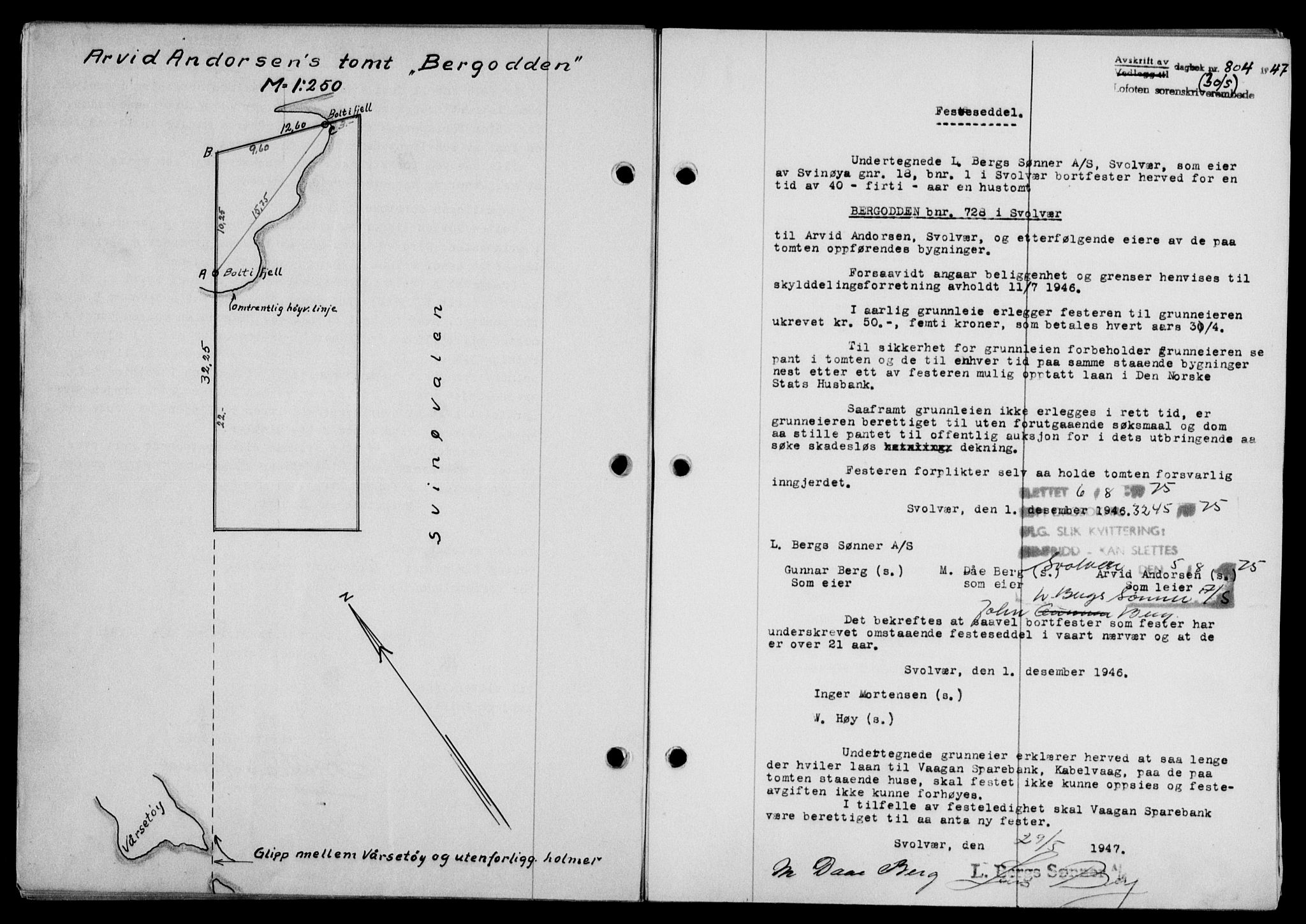 Lofoten sorenskriveri, SAT/A-0017/1/2/2C/L0016a: Mortgage book no. 16a, 1947-1947, Diary no: : 804/1947