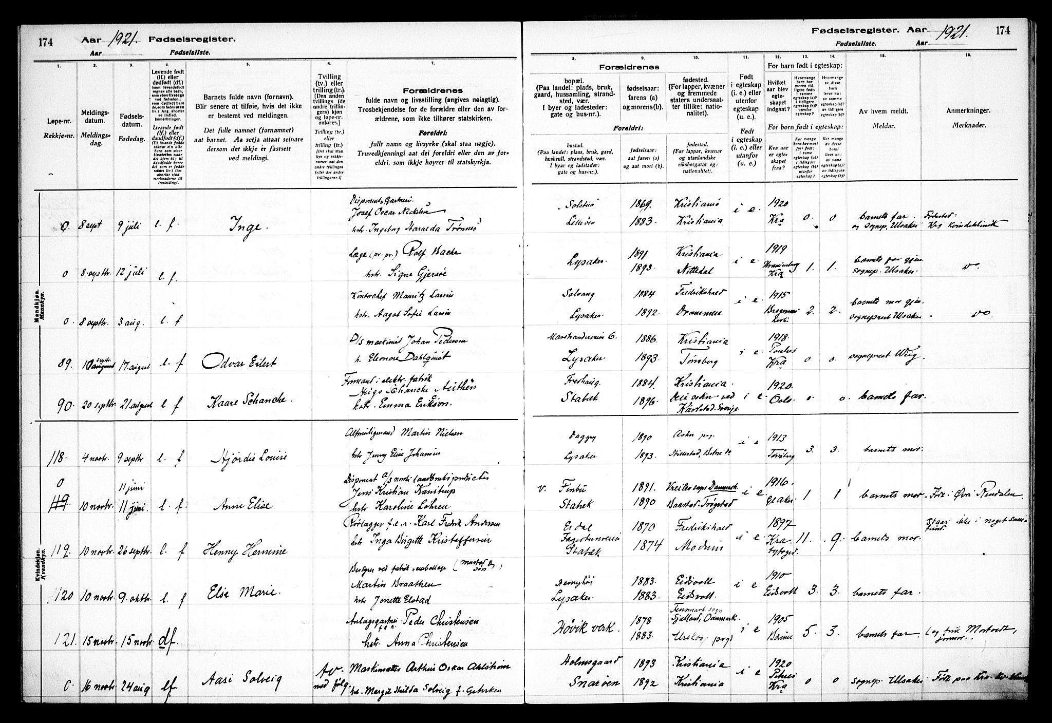 Østre Bærum prestekontor Kirkebøker, AV/SAO-A-10887/J/Ja/L0001: Birth register no. 1, 1916-1922, p. 174