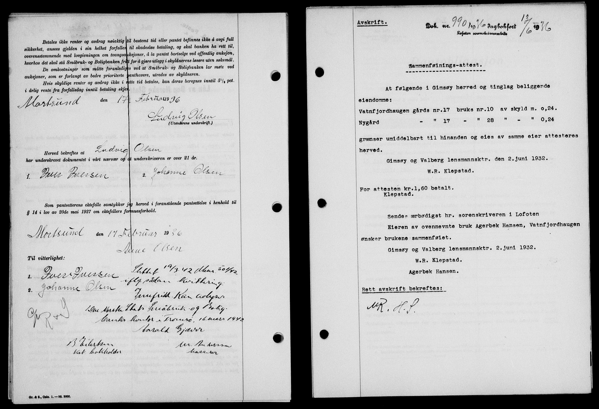 Lofoten sorenskriveri, SAT/A-0017/1/2/2C/L0033b: Mortgage book no. 33b, 1936-1936, Diary no: : 990/1936