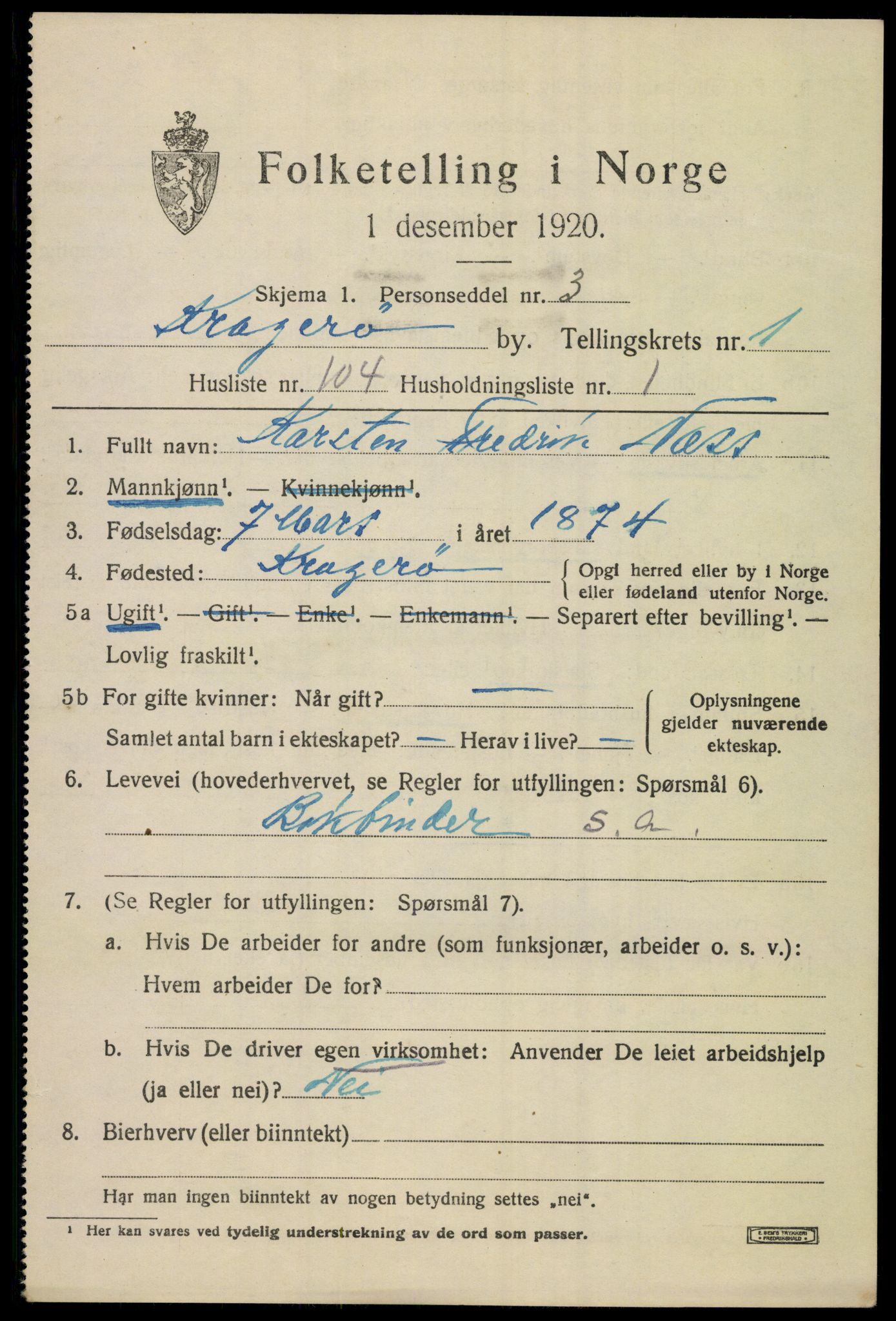 SAKO, 1920 census for Kragerø, 1920, p. 5299