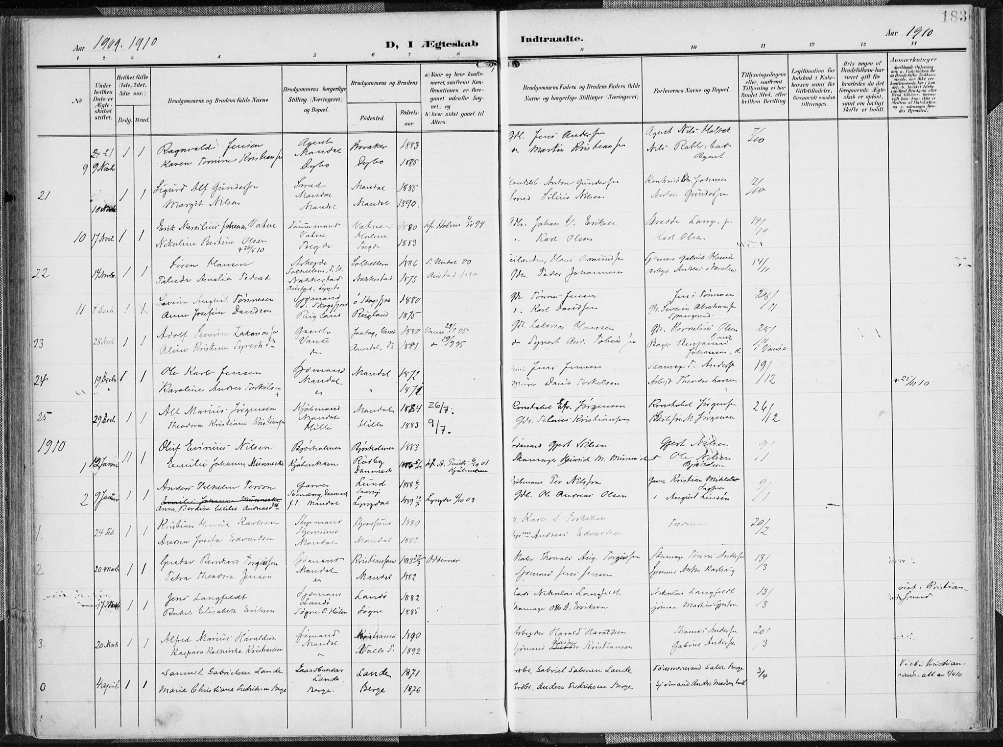 Mandal sokneprestkontor, SAK/1111-0030/F/Fa/Faa/L0020: Parish register (official) no. A 20, 1906-1912, p. 183