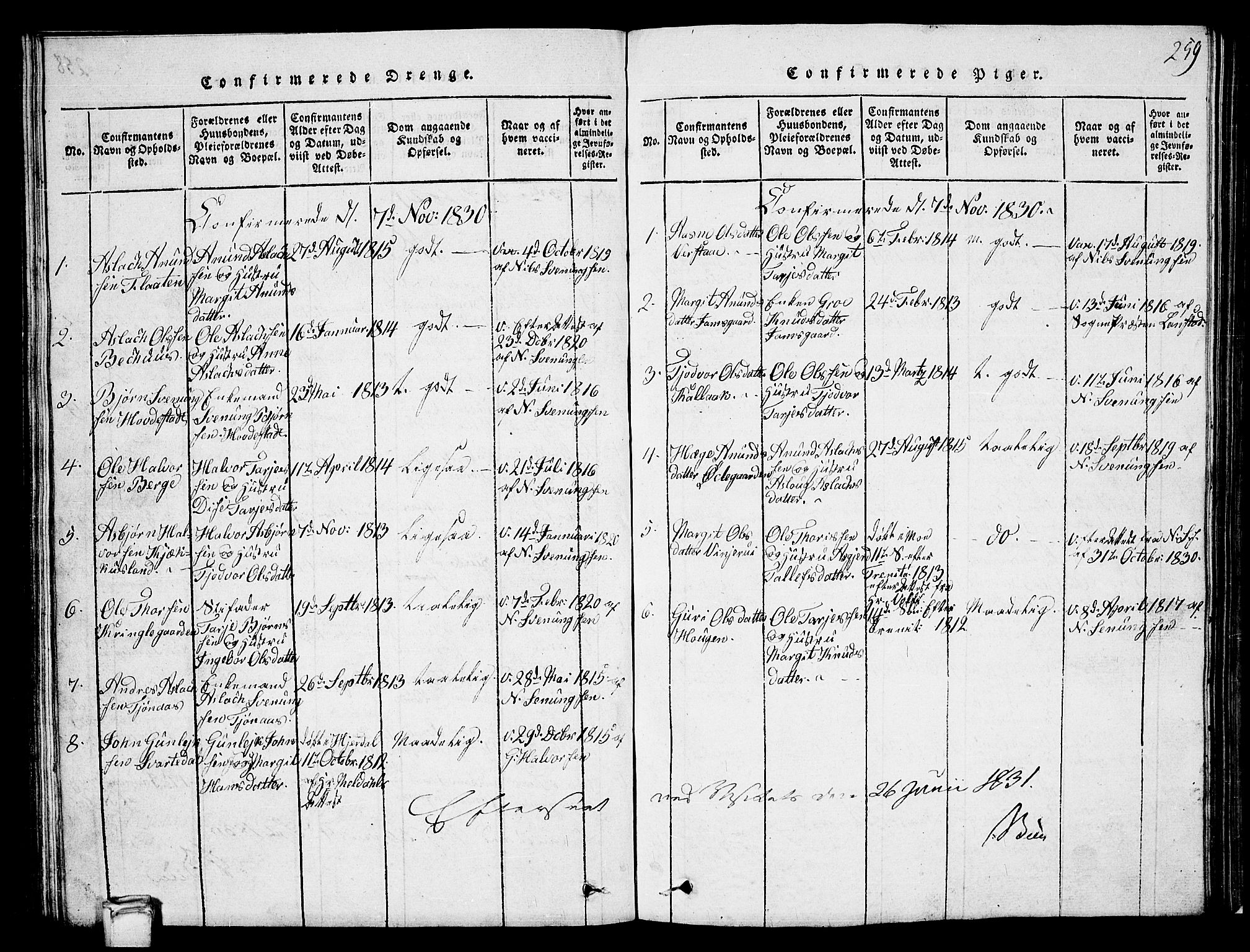 Vinje kirkebøker, SAKO/A-312/G/Ga/L0001: Parish register (copy) no. I 1, 1814-1843, p. 259